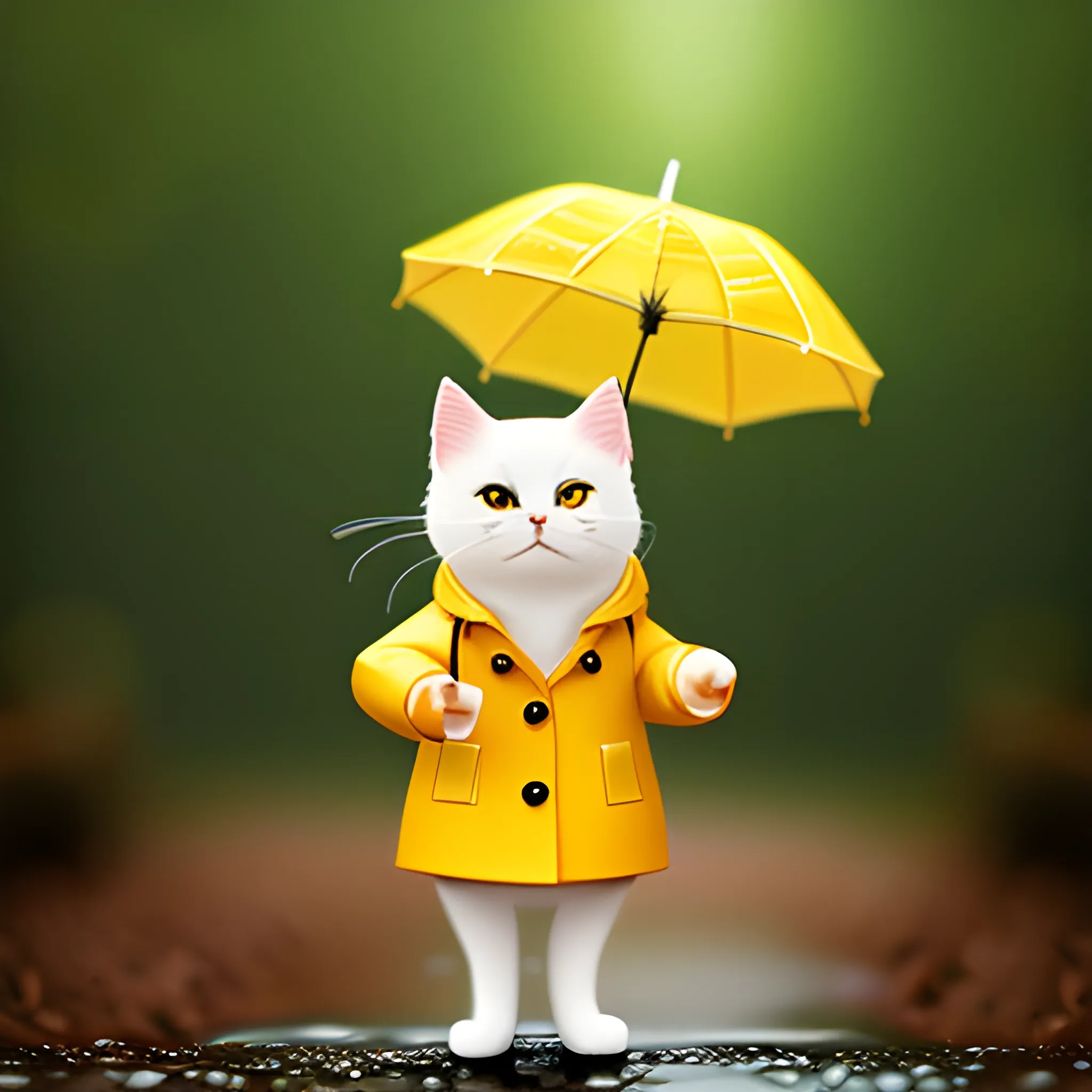 white background,tiny cute (happy1. 4) cat in a (yellow raincoat1. 3) in the woods, a character portrait, Tilt-shift, bokeh, Cartoon, Water Color,cute cat,