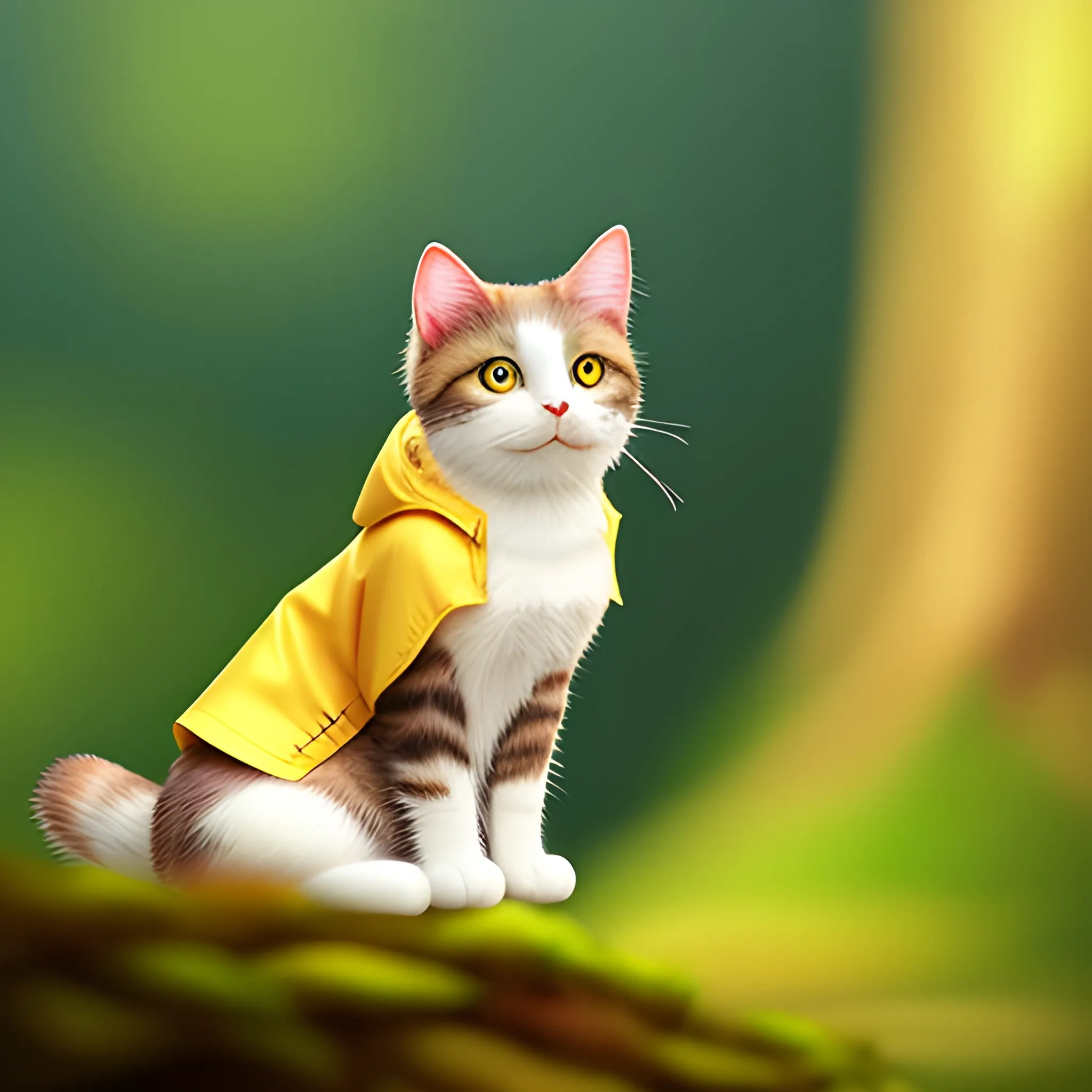 white background,tiny cute (happy1. 4) cat in a (yellow raincoat1. 3) in the woods, a character portrait, Tilt-shift, bokeh, Cartoon, Water Color,cute cat,