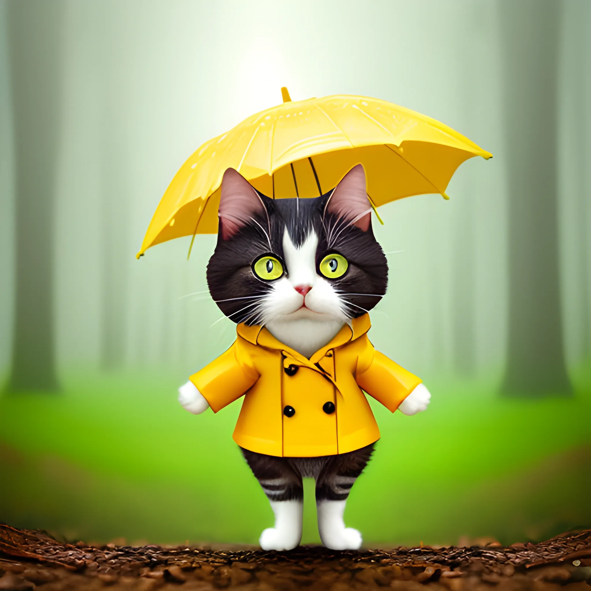 white background,tiny cute (happy1. 4) cat in a (yellow raincoat1. 3) in the woods, a character portrait, Tilt-shift, bokeh, Cartoon, Water Color,cute cat,