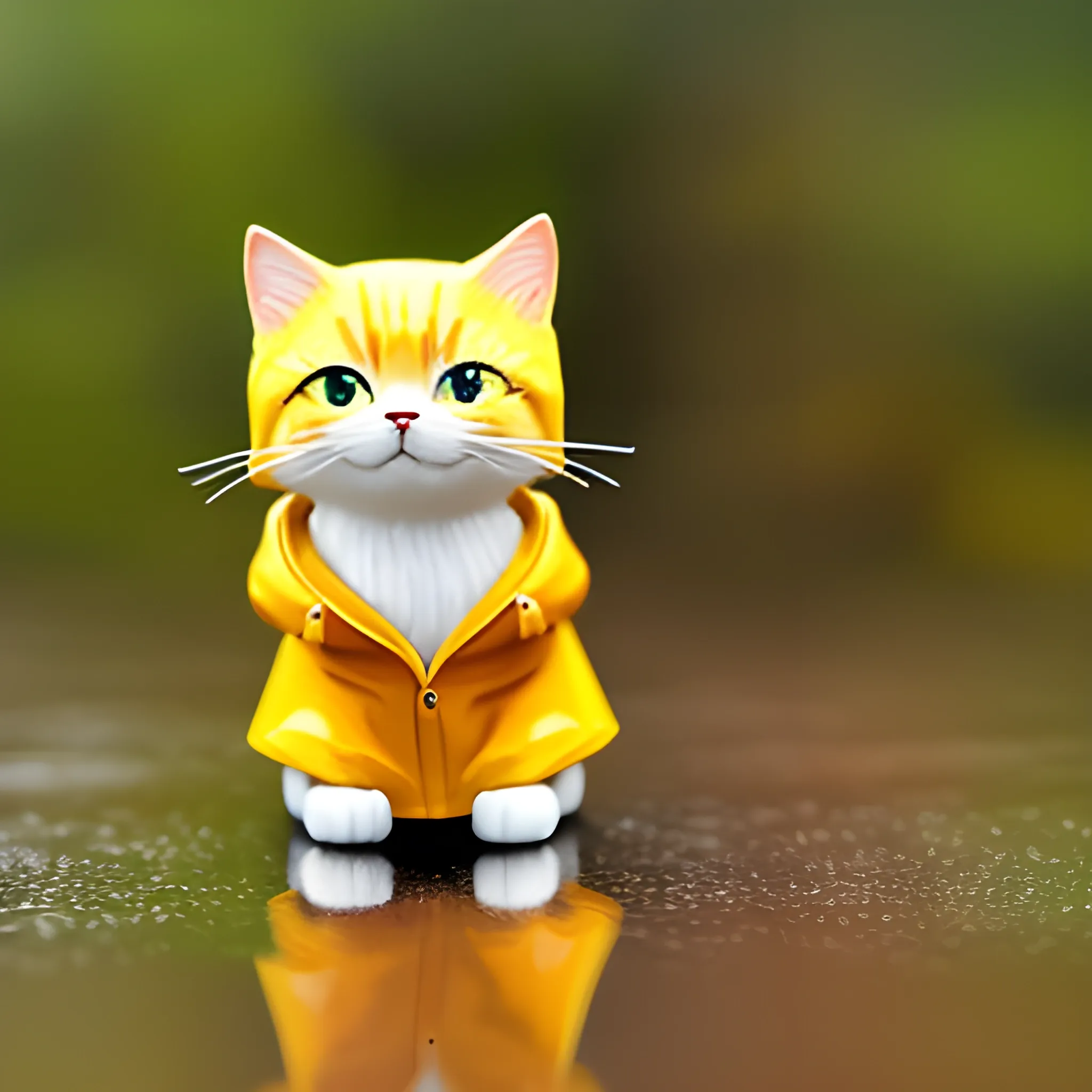 white background,tiny cute (happy1. 4) cat in a (yellow raincoat1. 3) in the woods, a character portrait, Tilt-shift, bokeh, Cartoon, Water Color,cute cat,