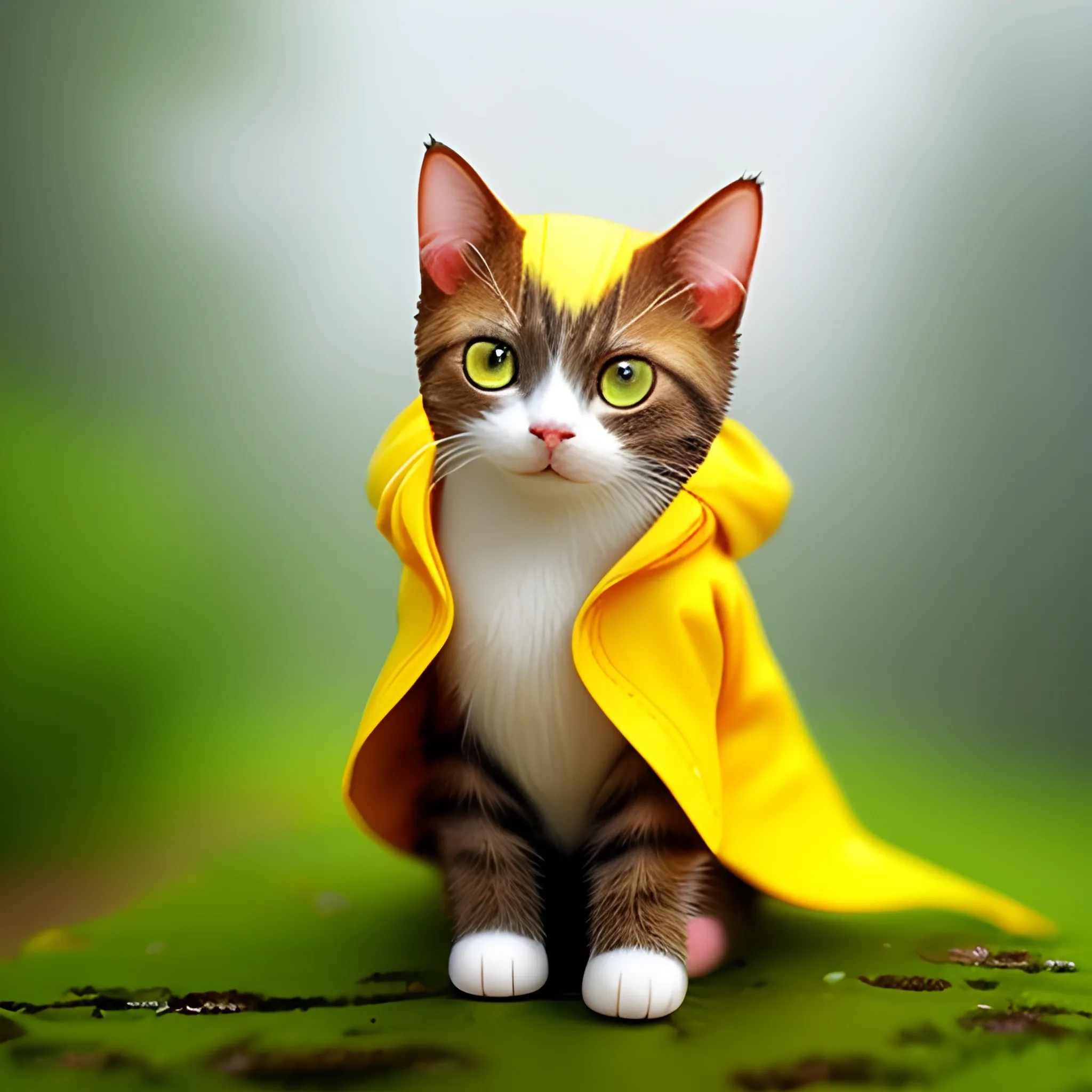 white background,tiny cute (happy1. 4) cat in a (yellow raincoat1. 3) in the woods, a character portrait, Tilt-shift, bokeh, Cartoon, Water Color,cute cat,