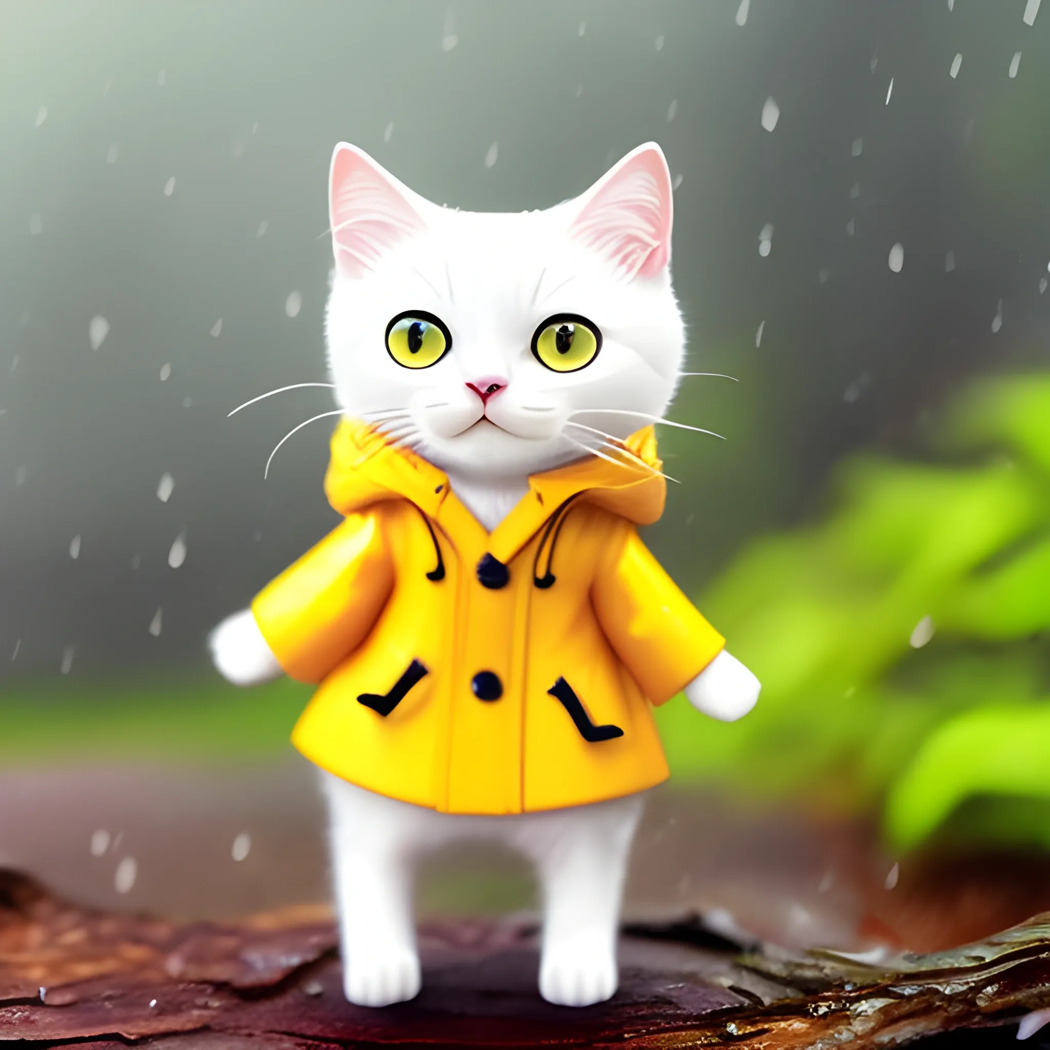 white background,tiny cute (happy1. 4) cat in a (yellow raincoat1. 3) in the woods, a character portrait, Tilt-shift, bokeh, Cartoon, Water Color,cute cat,