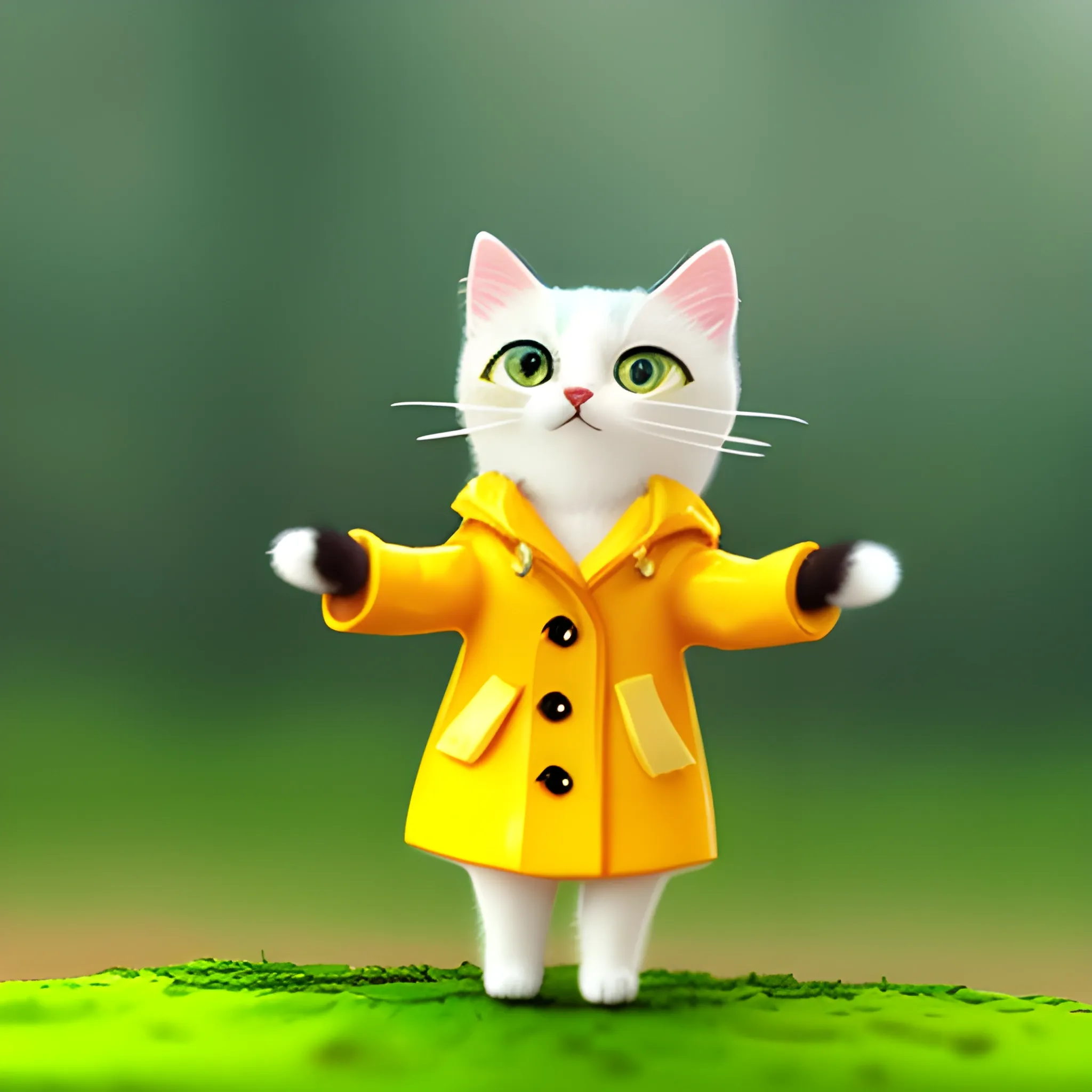 white background,tiny cute (happy1. 4) cat in a (yellow raincoat1. 3) in the woods, a character portrait, Tilt-shift, bokeh, Cartoon, Water Color,cute cat,