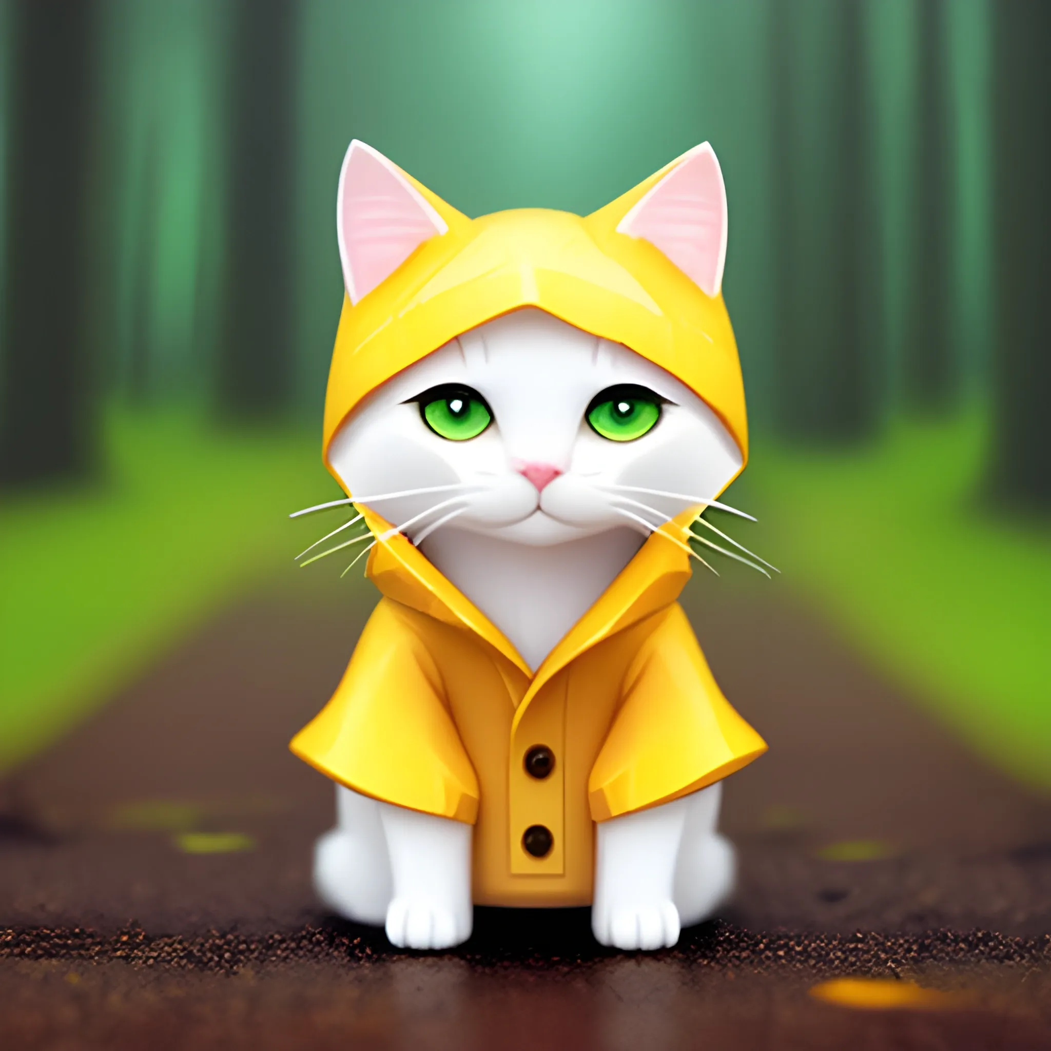 white background,tiny cute (happy1. 4) cat in a (yellow raincoat1. 3) in the woods, a character portrait, Tilt-shift, bokeh, Cartoon, Water Color,cute cat,