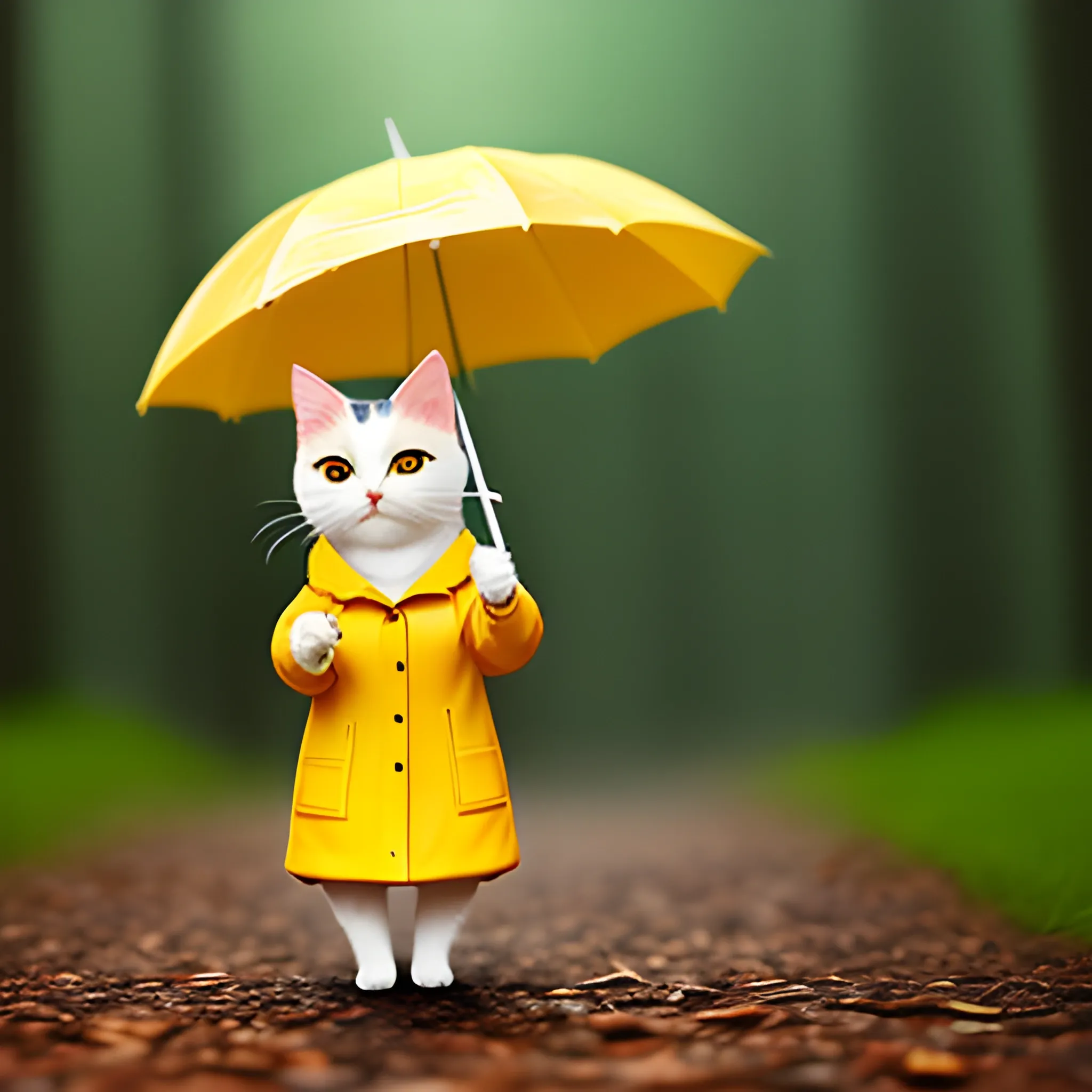 white background,tiny cute (happy1. 4) cat in a (yellow raincoat1. 3) in the woods, a character portrait, Tilt-shift, bokeh, Cartoon, Water Color,cute cat,