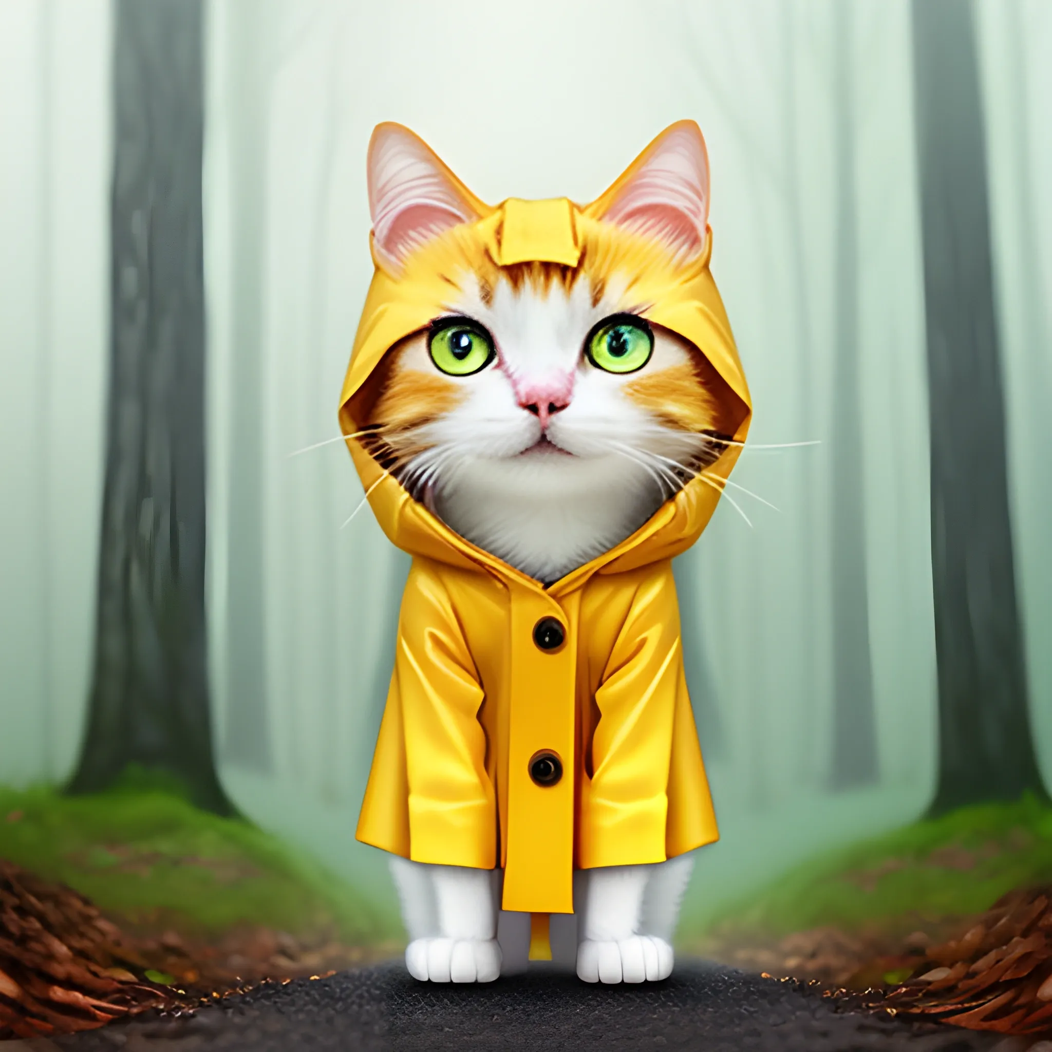 white background,tiny cute (happy1. 4) cat in a (yellow raincoat1. 3) in the woods, a character portrait, Tilt-shift, bokeh, Cartoon, Water Color,cute cat,big eye