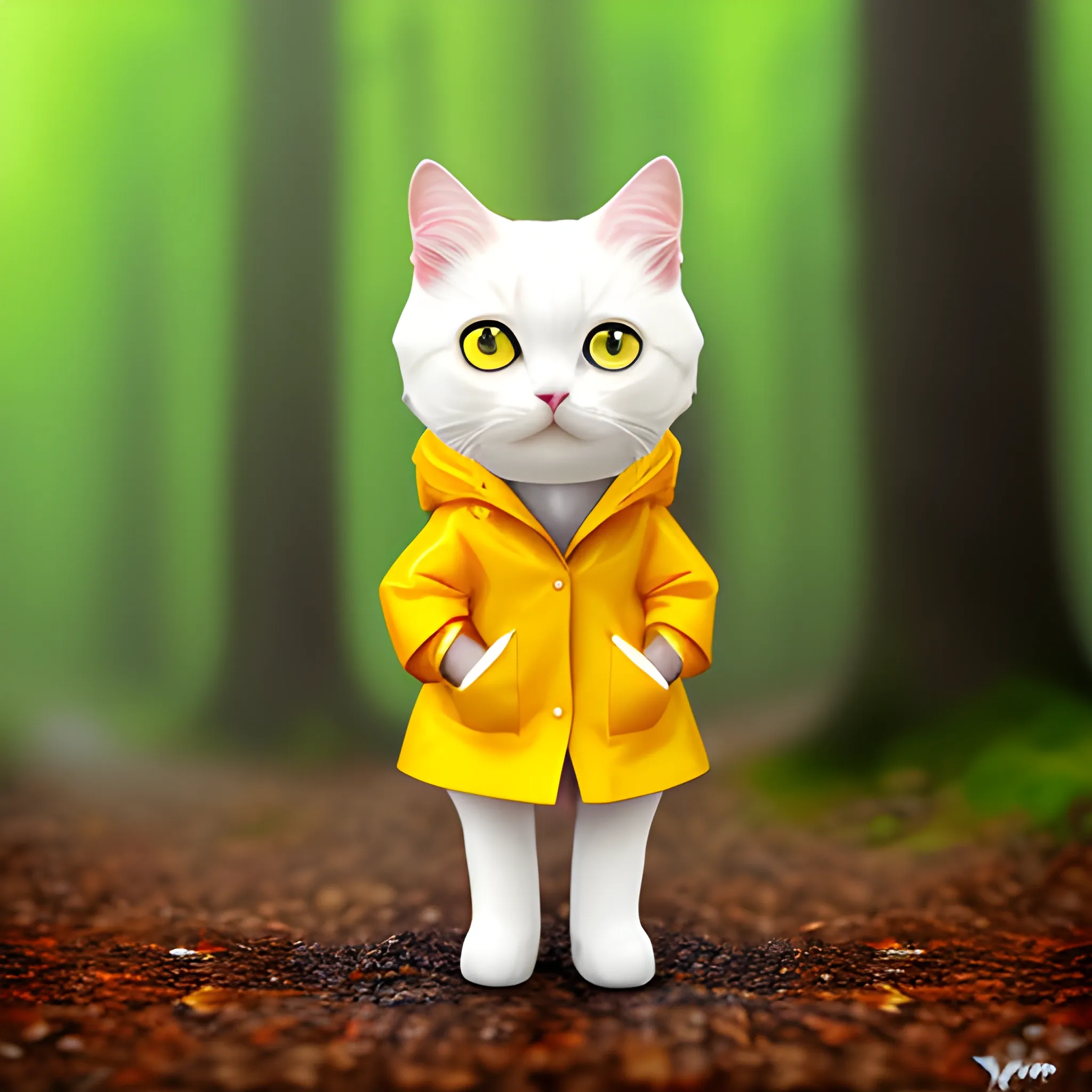 white background,tiny cute (happy1. 4) cat in a (yellow raincoat1. 3) in the woods, a character portrait, Tilt-shift, bokeh, Cartoon, Water Color,cute cat,big eye