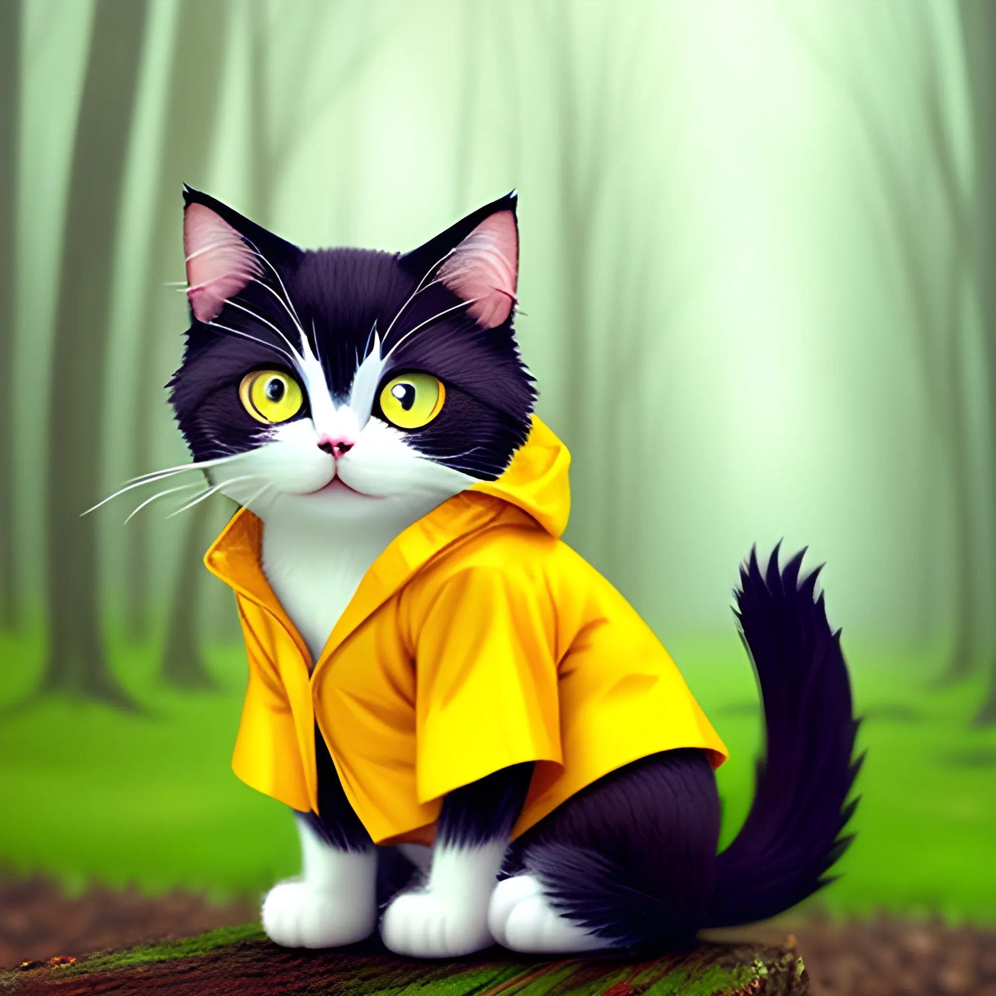 white background,tiny cute (happy1. 4) cat in a (yellow raincoat1. 3) in the woods, a character portrait, Tilt-shift, bokeh, Cartoon, Water Color,cute cat,big eye