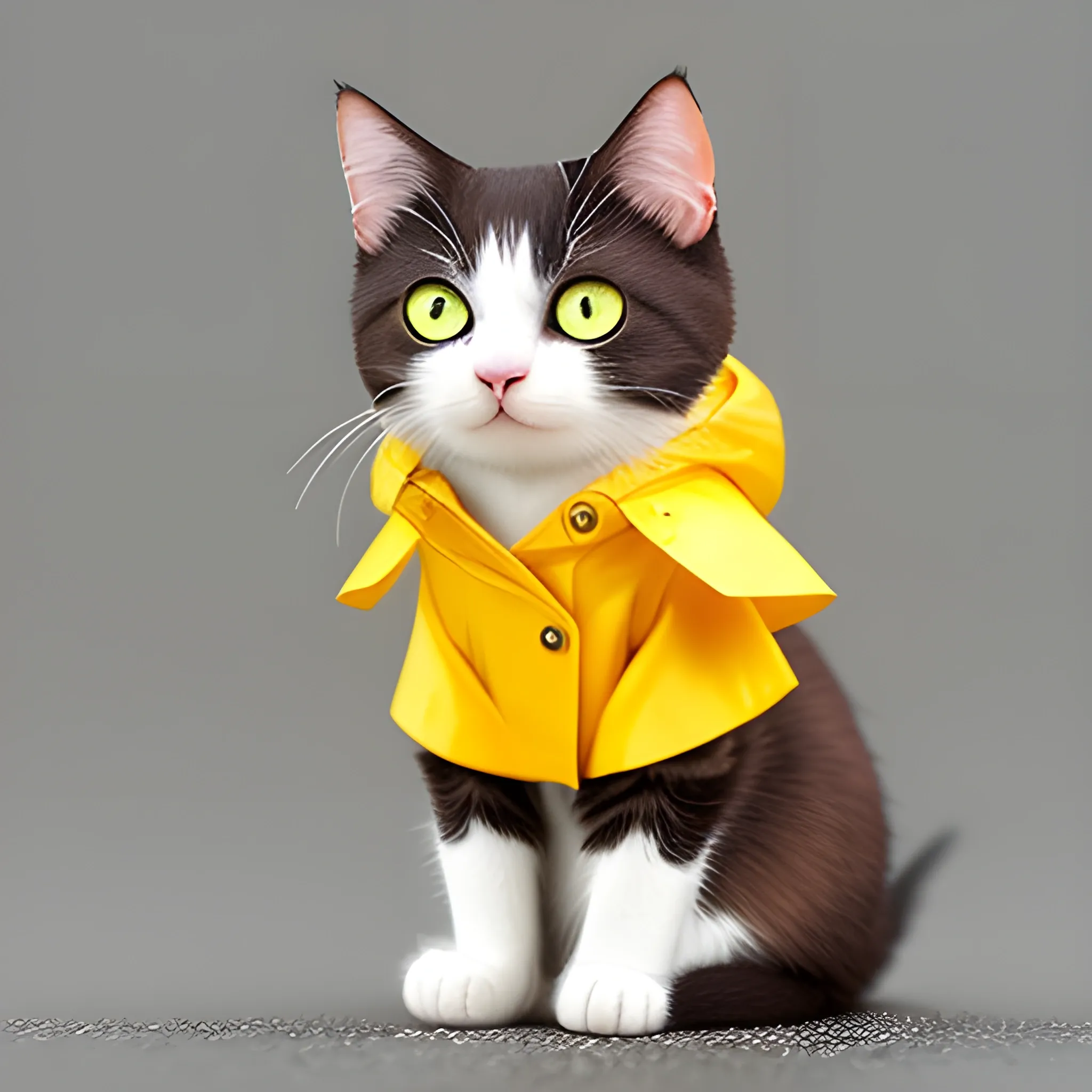 white background,tiny cute (happy1. 4) cat in a (yellow raincoat1. 3) in the woods, a character portrait, Tilt-shift, bokeh, Cartoon, Water Color,cute cat,big eye