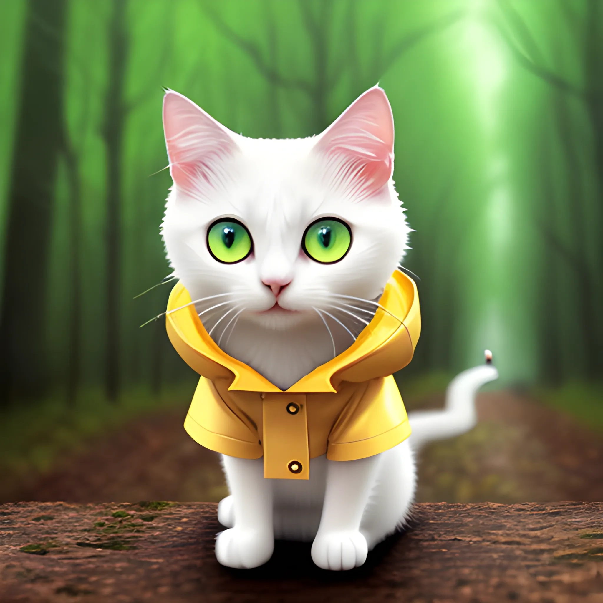 white background,tiny cute (happy1. 4) cat in a (yellow raincoat1. 3) in the woods, a character portrait, Tilt-shift, bokeh, Cartoon, Water Color,cute cat,big eye