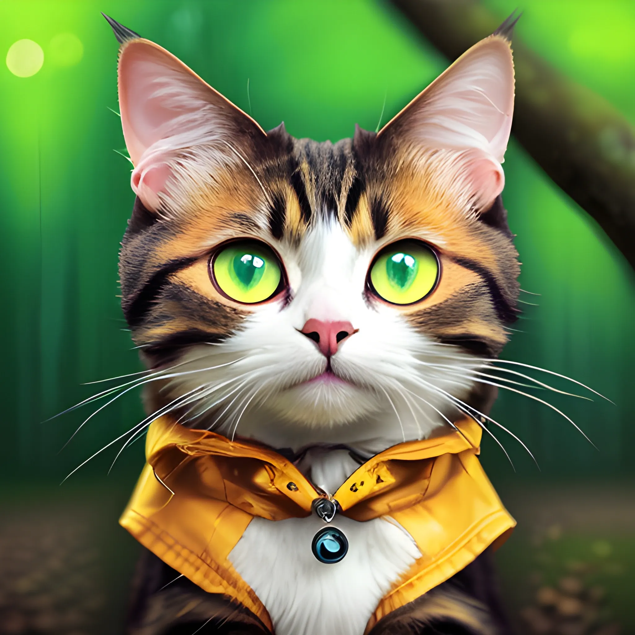 white background,tiny cute (happy1. 4) cat in a (yellow raincoat1. 3) in the woods, a character portrait, Tilt-shift, bokeh, Cartoon, Water Color,cute cat,big eye