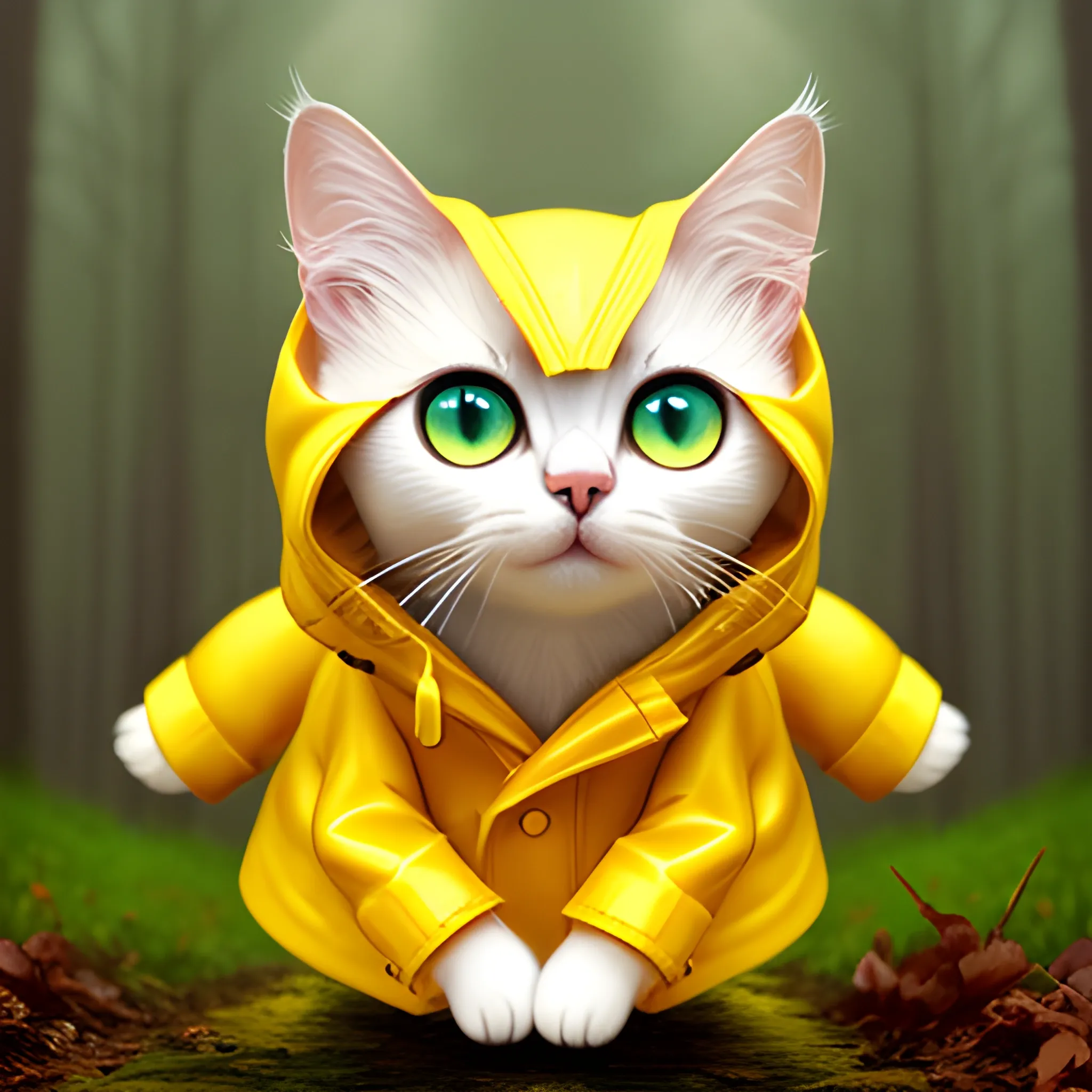 white background,tiny cute (happy1. 4) cat in a (yellow raincoat1. 3) in the woods, a character portrait, Tilt-shift, bokeh, Cartoon, Water Color,cute cat,big eye