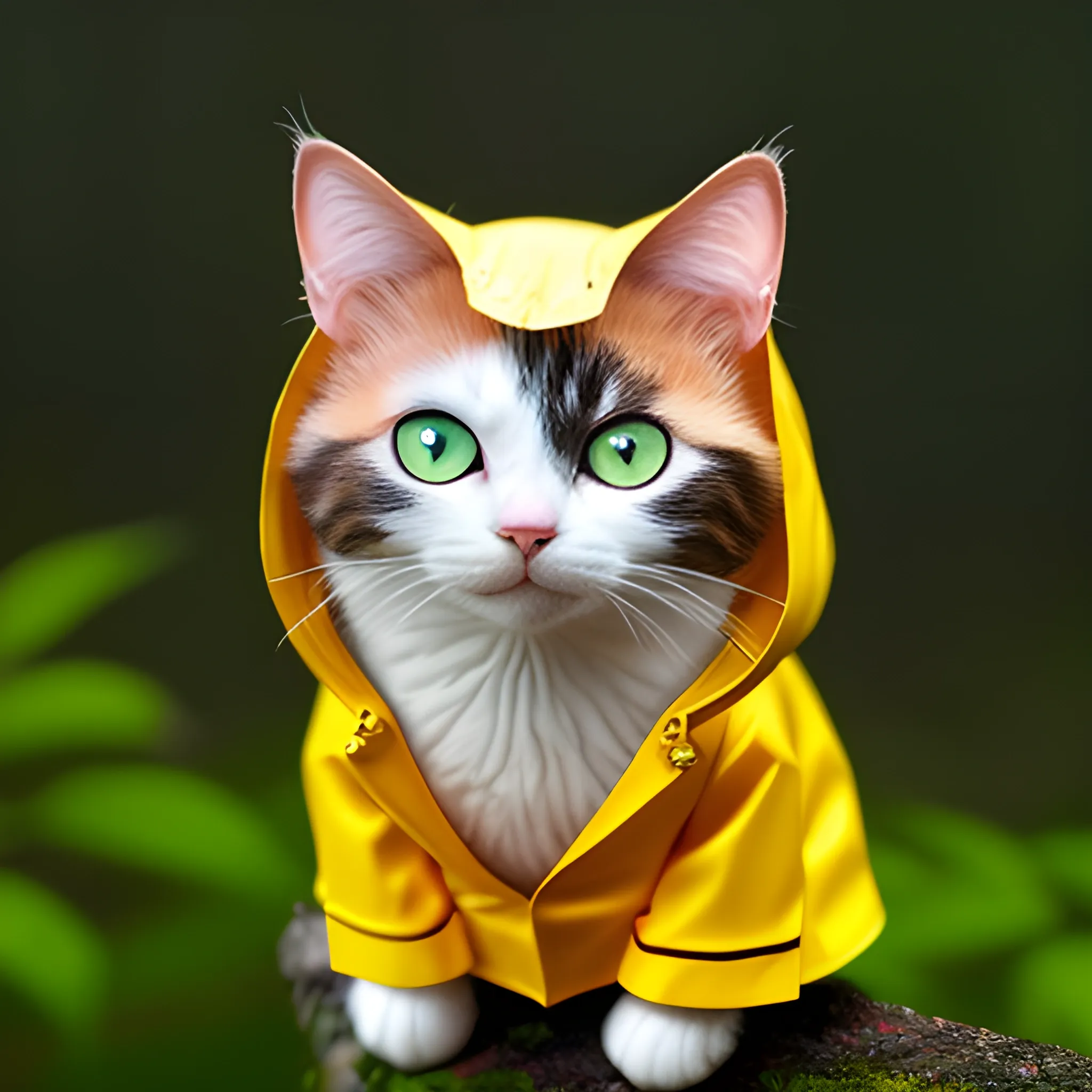 white background,tiny cute (happy1. 4) cat in a (yellow raincoat1. 3) in the woods, a character portrait, Tilt-shift, bokeh, Cartoon, Water Color,cute cat,big eye