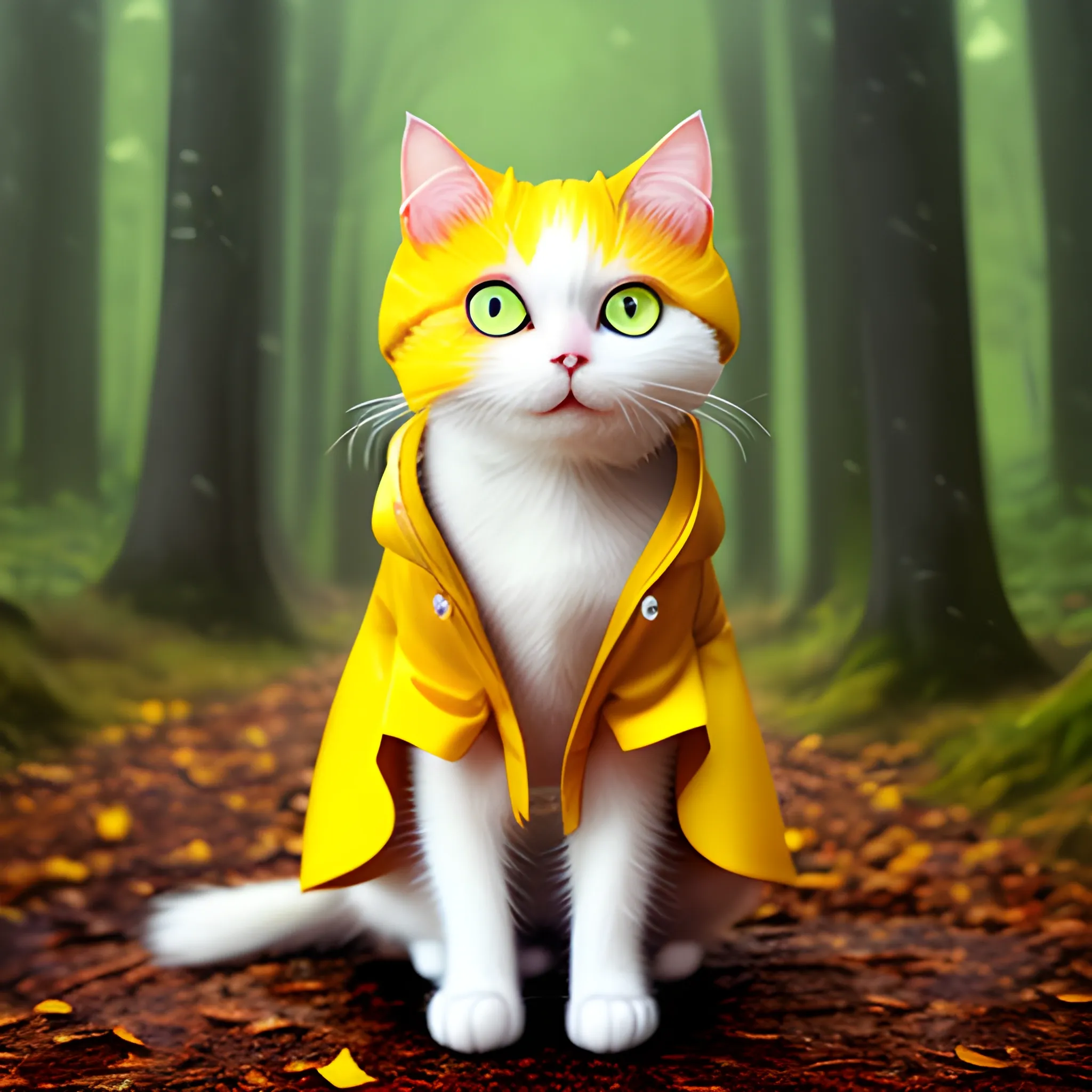 white background,tiny cute (happy1. 4) cat in a (yellow raincoat1. 3) in the woods, a character portrait, Tilt-shift, bokeh, Cartoon, Water Color,cute cat,big eye