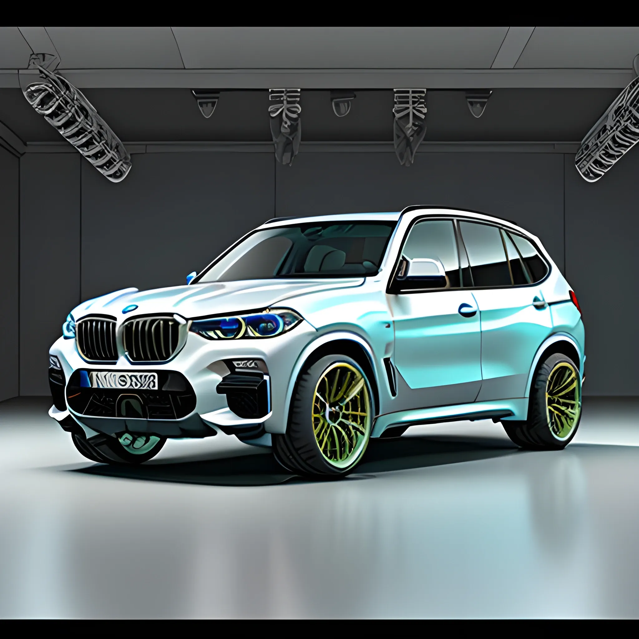 , 3D, bmw x5, studio shot, prototype, lowered suspension, two tone blue green paint, wide wheels


