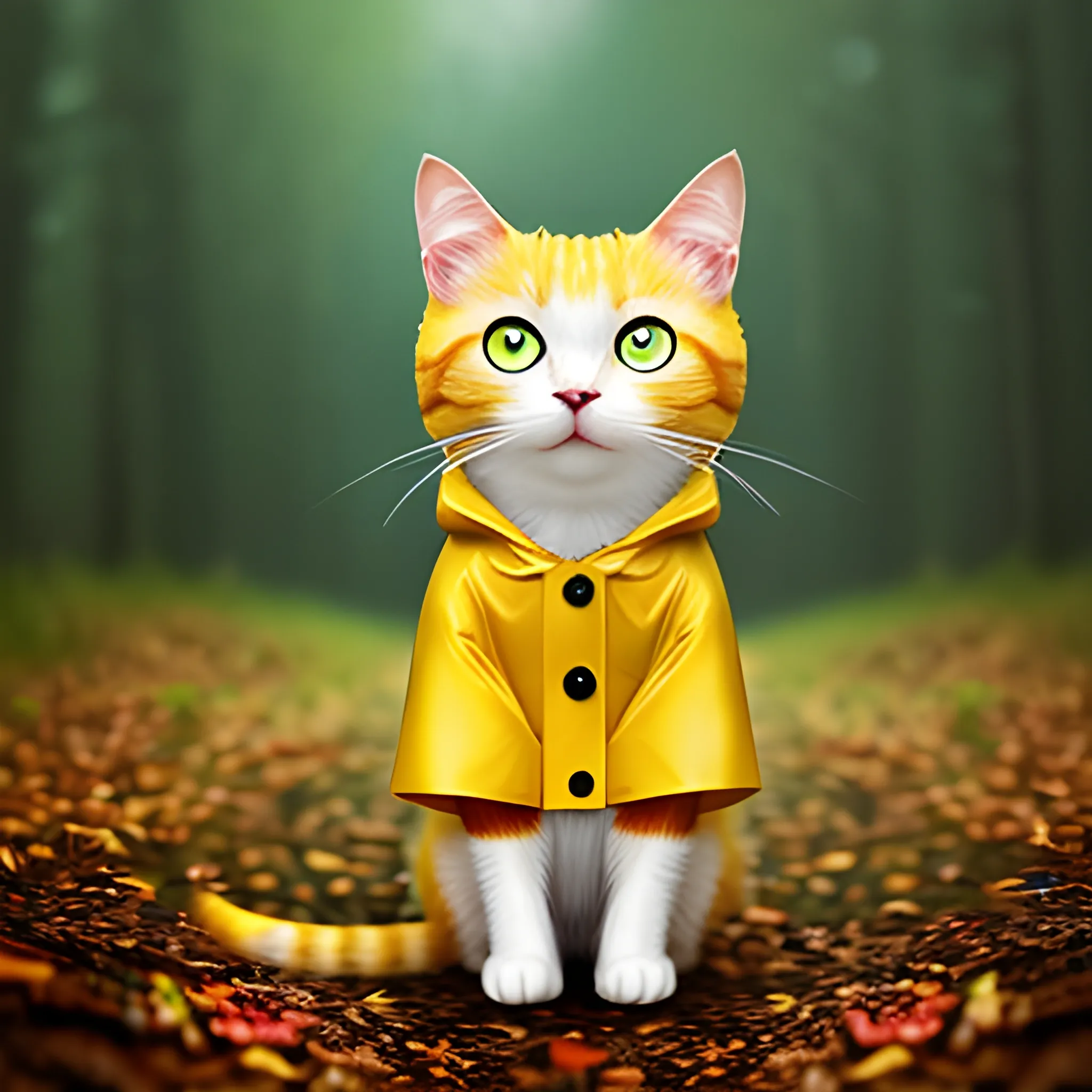 white background,tiny cute (happy1. 4) cat in a (yellow raincoat1. 3) in the woods, a character portrait, Tilt-shift, bokeh, Cartoon, Water Color,cute cat,big eye