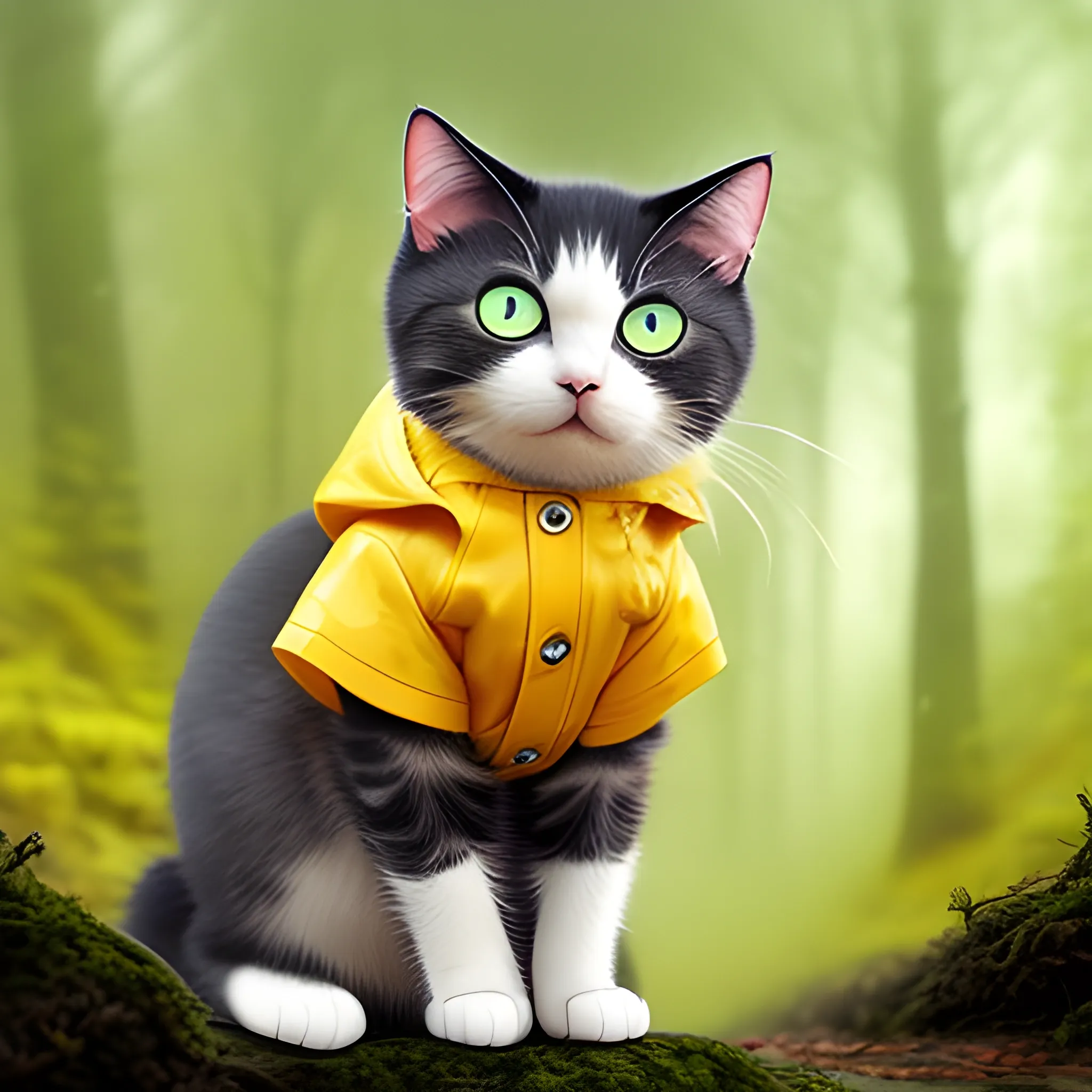 white background,tiny cute (happy1. 4) cat in a (yellow raincoat1. 3) in the woods, a character portrait, Tilt-shift, bokeh, Cartoon, Water Color,cute cat,big eye