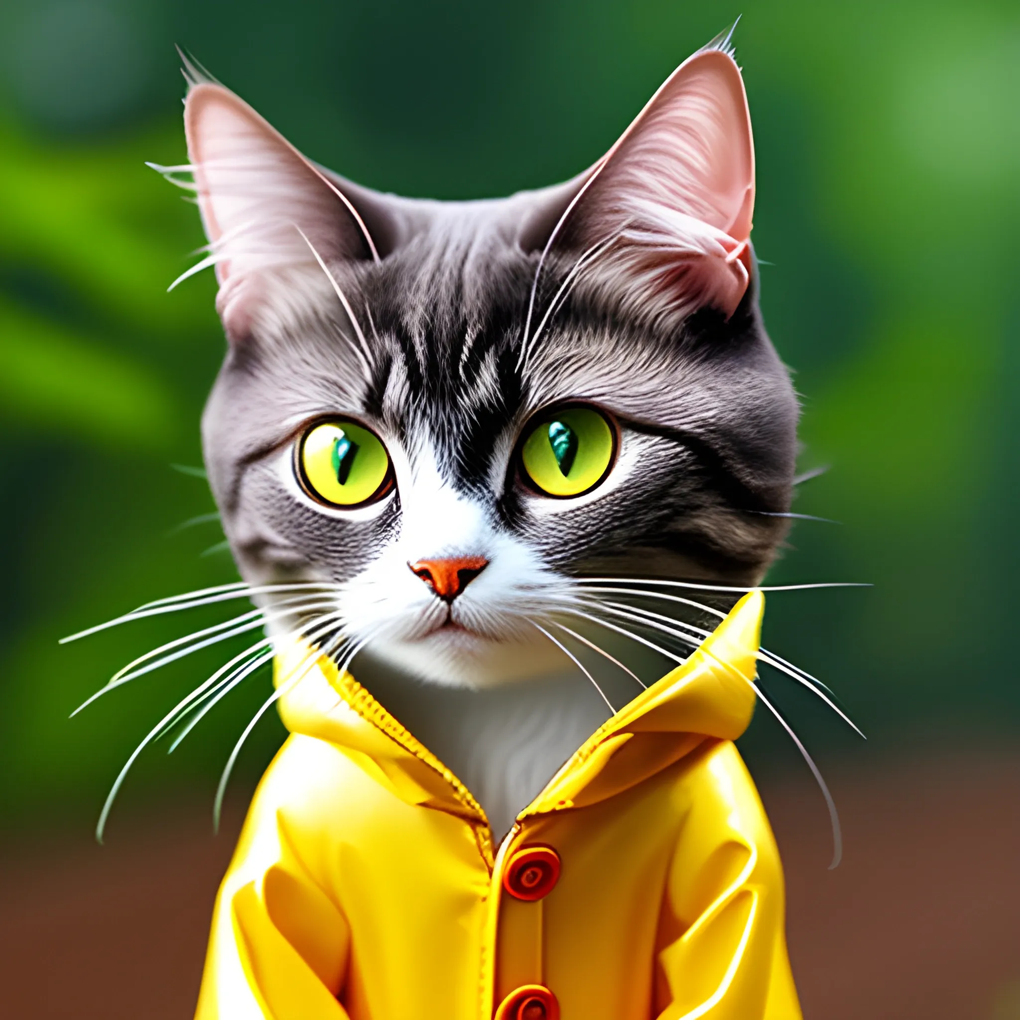 white background,tiny cute (happy1. 4) cat in a (yellow raincoat1. 3) in the woods, a character portrait, Tilt-shift, bokeh, Cartoon, Water Color,cute cat,big eye