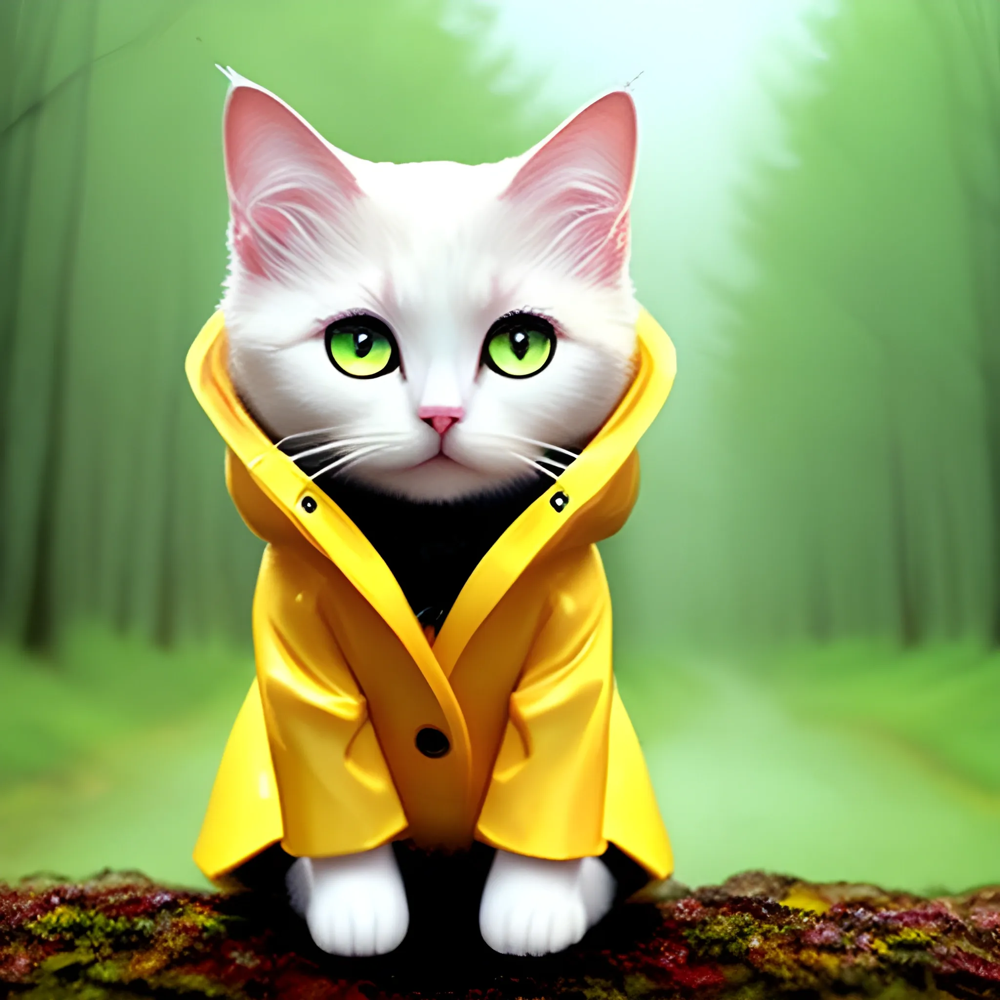 white background,tiny cute (happy1. 4) cat in a (yellow raincoat1. 3) in the woods, a character portrait, Tilt-shift, bokeh, Cartoon, Water Color,cute cat,big eye