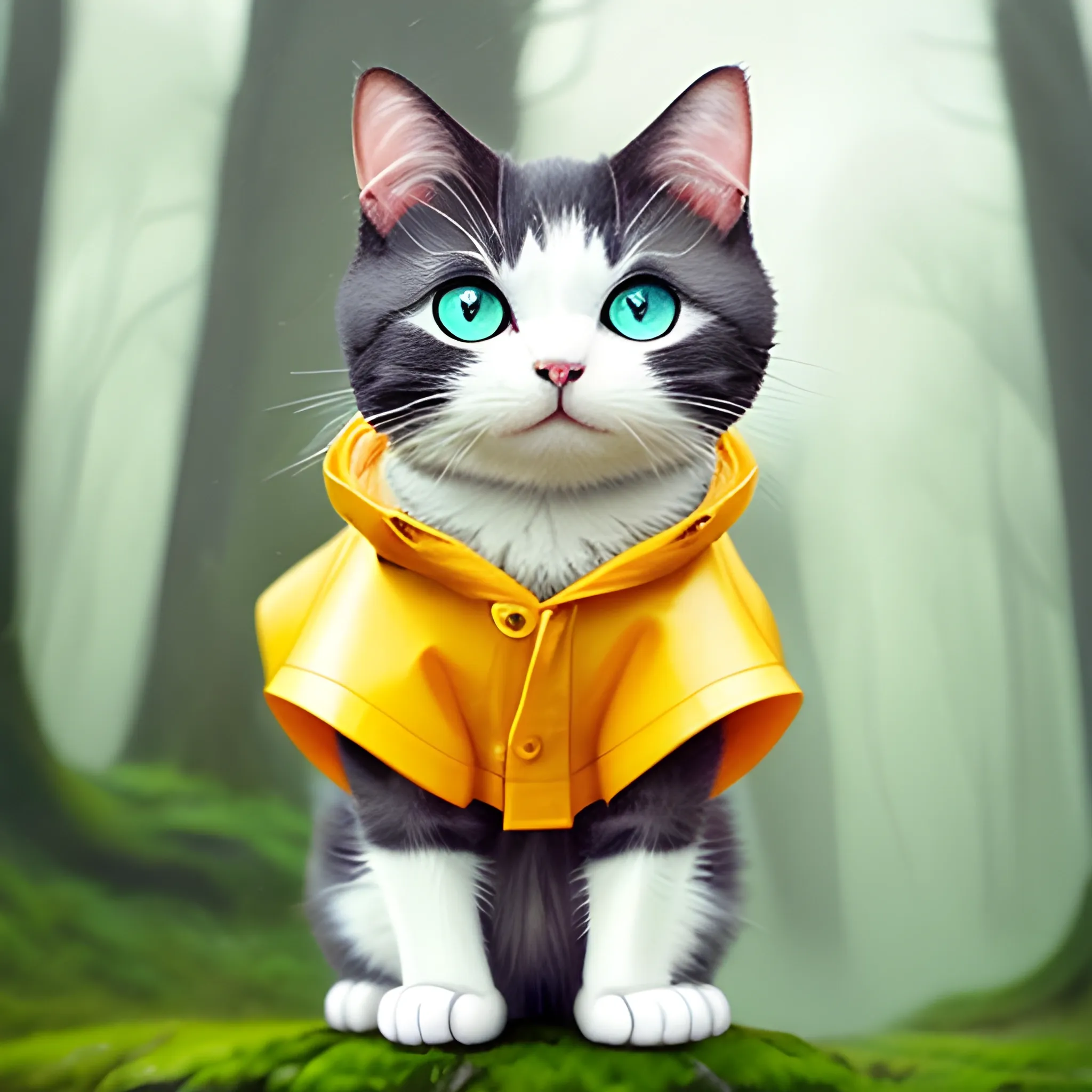 white background,tiny cute (happy1. 4) cat in a (yellow raincoat1. 3) in the woods, a character portrait, Tilt-shift, bokeh, Cartoon, Water Color,cute cat,big eye