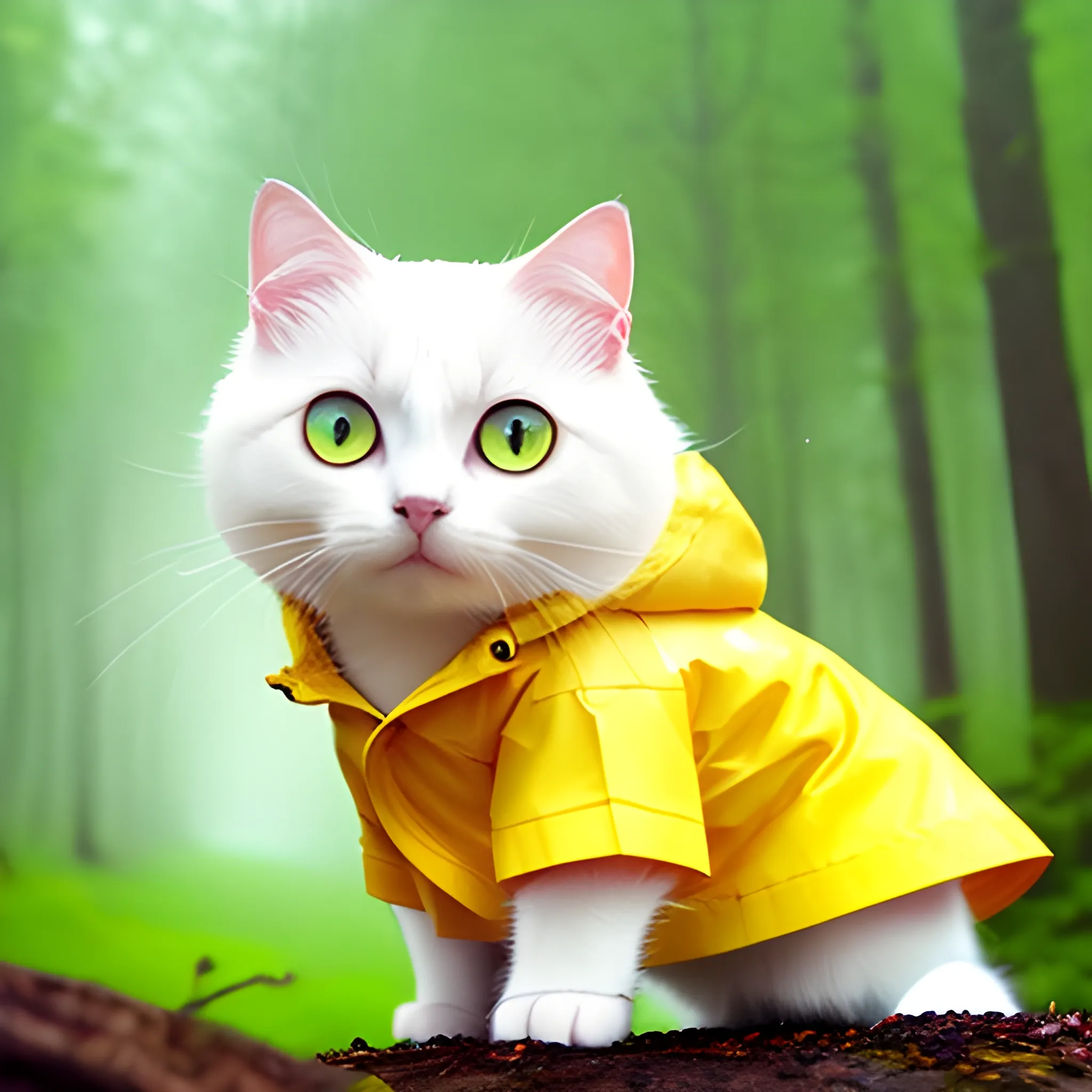 white background,tiny cute (happy1. 4) cat in a (yellow raincoat1. 3) in the woods, a character portrait, Tilt-shift, bokeh, Cartoon, Water Color,cute cat,big eye