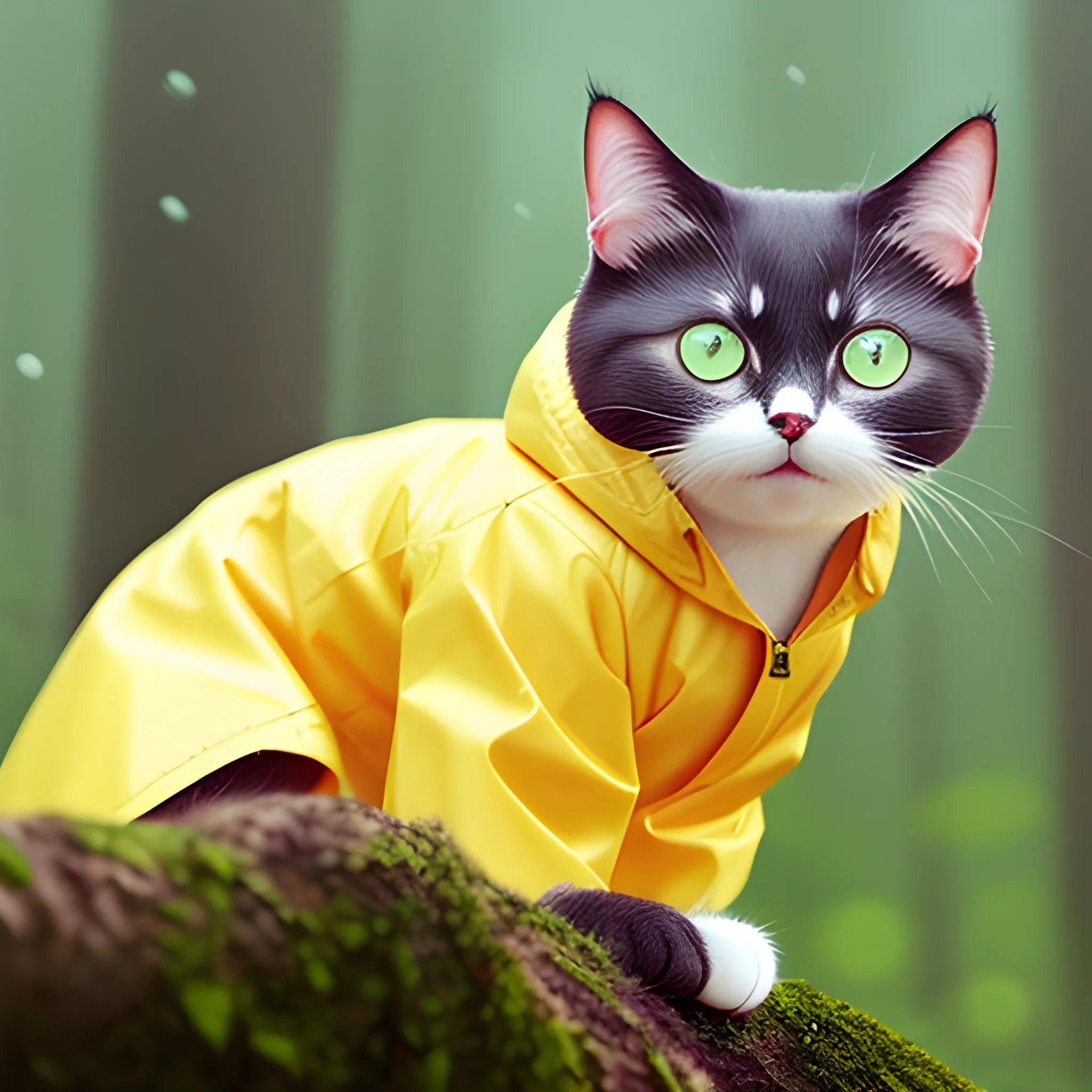 white background,tiny cute (happy1. 4) cat in a (yellow raincoat1. 3) in the woods, a character portrait, Tilt-shift, bokeh, Cartoon, Water Color,cute cat,big eye