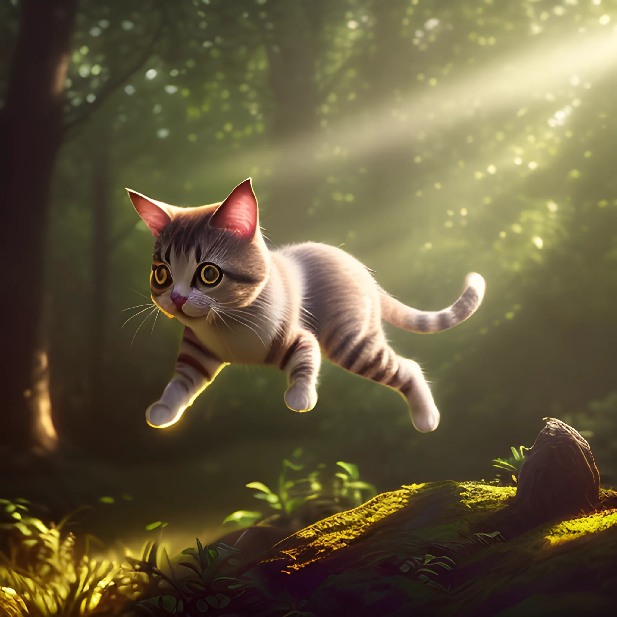 close up photo of a very cute jumping cat in the forest, soft vo ...