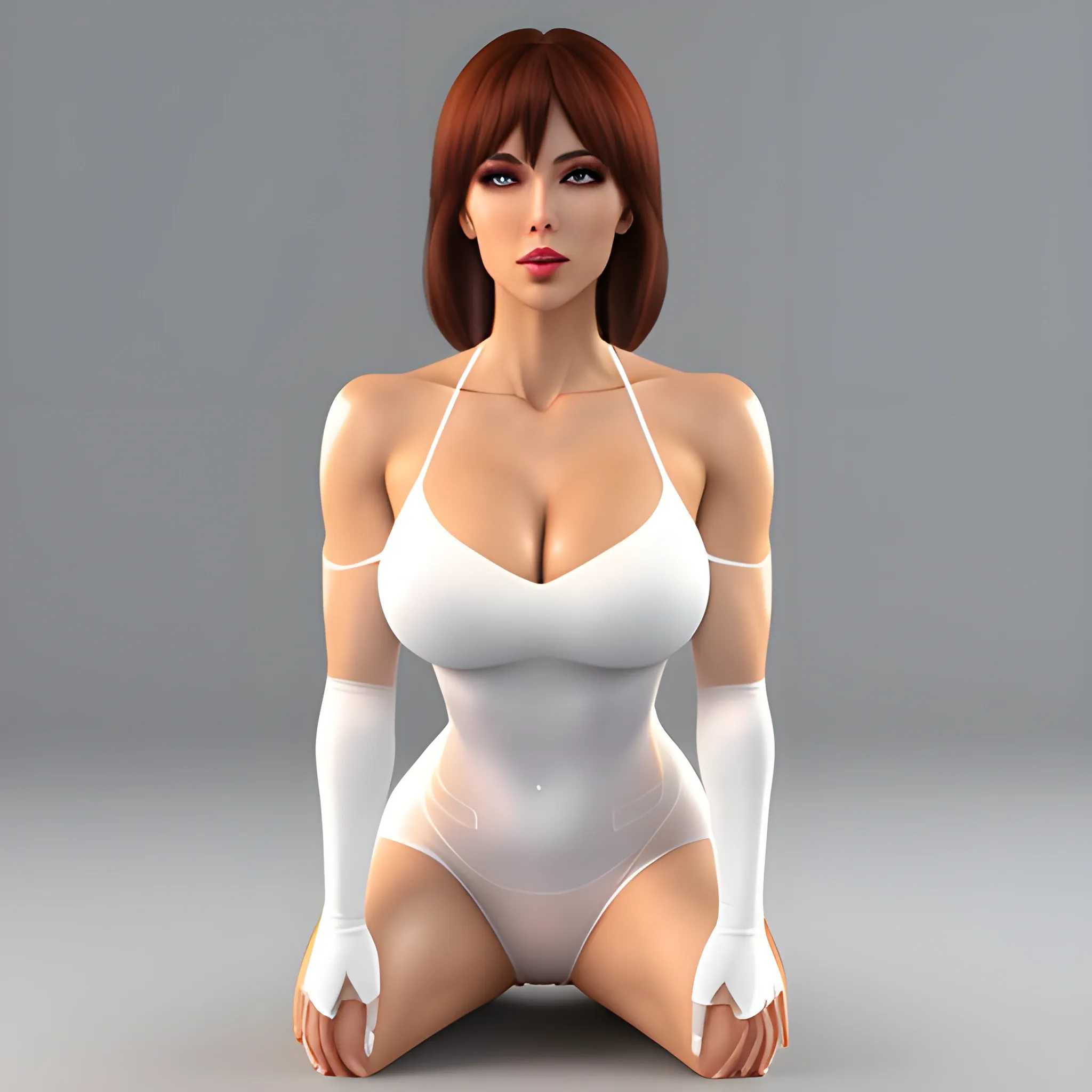 The girl wore a white transparent dress, blushing, squatting, realistic, white stockings, 3D