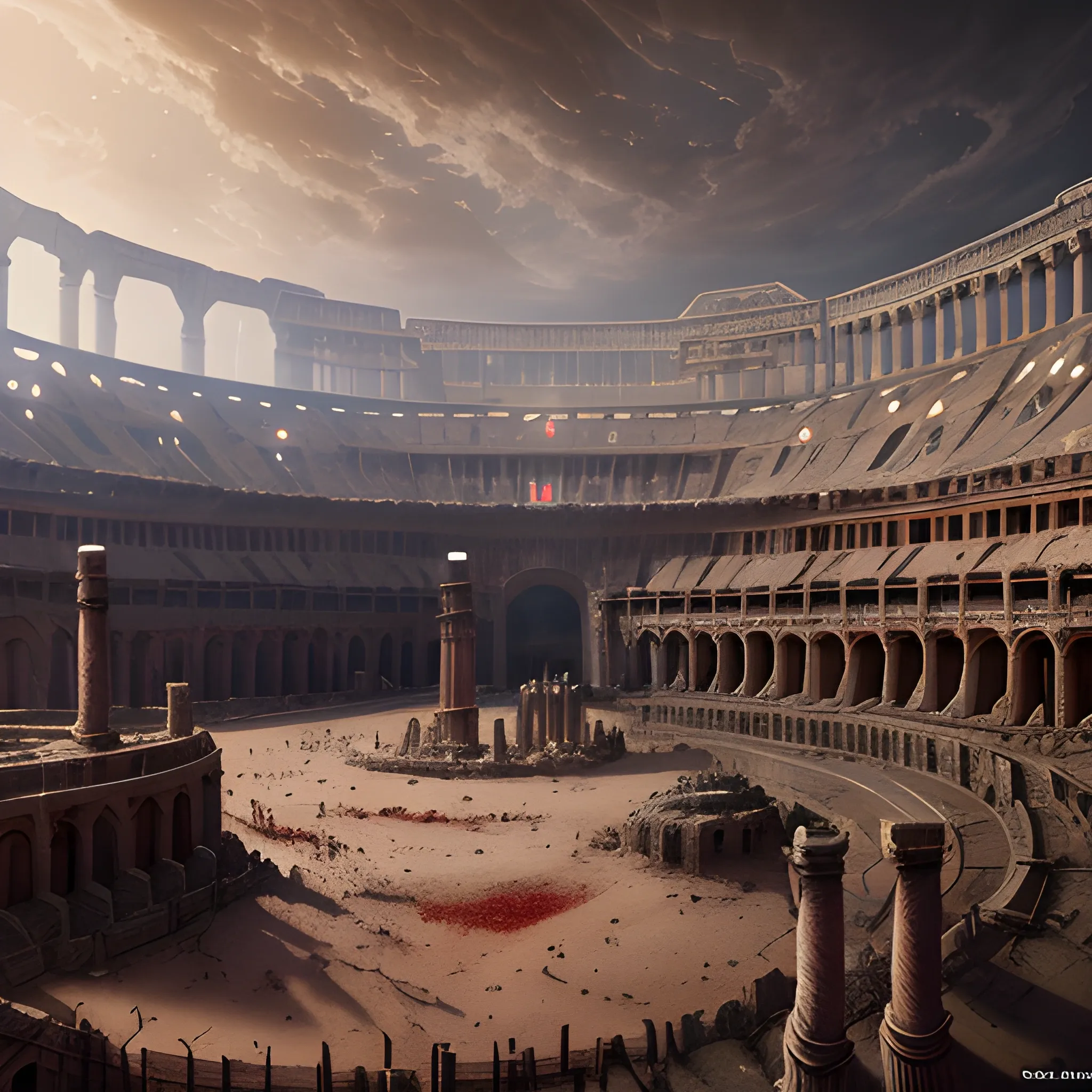 blood arena, blood, colloseum, high fantasy, 8k, high resolution, high quality, photorealistic, hyperealistic, detailed, detailed matte painting, deep color, fantastical, intricate detail, splash screen, complementary colors, fantasy concept art, 8k resolution trending on Artstation Unreal Engine 5