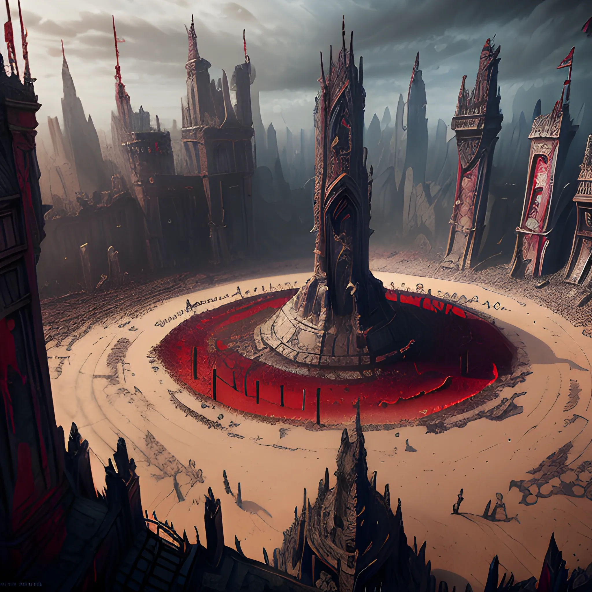 blood arena, blood, high fantasy, 8k, high resolution, high quality, photorealistic, hyperealistic, detailed, detailed matte painting, deep color, fantastical, intricate detail, splash screen, complementary colors, fantasy concept art, 8k resolution trending on Artstation Unreal Engine 5