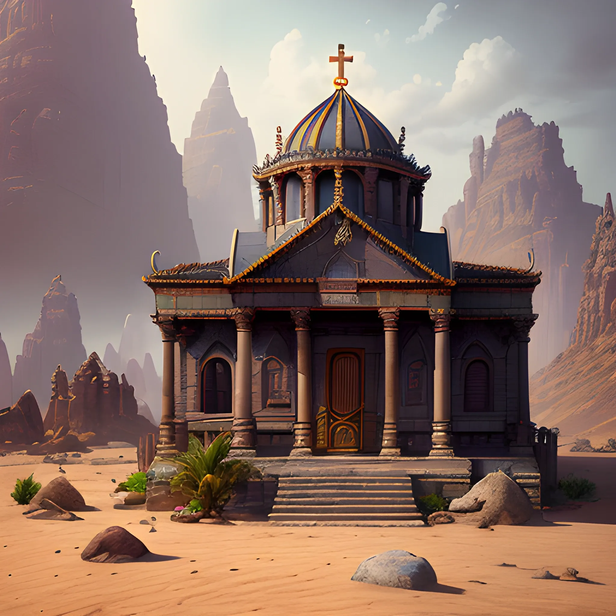 church, tample, god house, view from inside, beer,  high fantasy, 8k, high resolution, desert, high quality, photorealistic, hyperealistic, detailed, detailed matte painting, deep color, fantastical, intricate detail, splash screen, complementary colors, fantasy concept art, 8k resolution trending on Artstation Unreal Engine 5