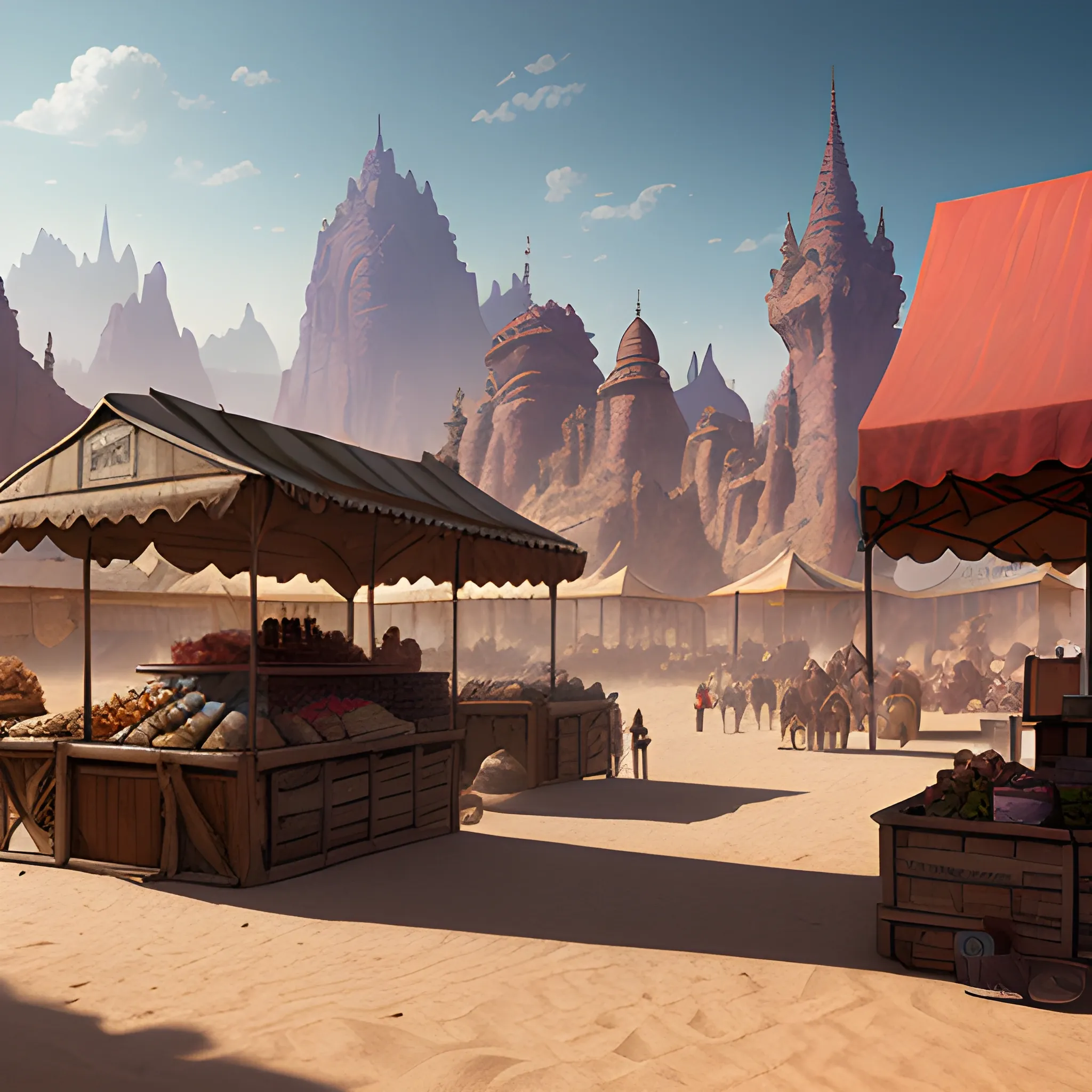 marketplace, stalls with products, desert, high fantasy, high resolution, desert, high quality, photorealistic, hyperealistic, detailed, detailed matte painting, deep color, fantastical, intricate detail, splash screen, complementary colors, fantasy concept art, 8k resolution trending on Artstation Unreal Engine 5