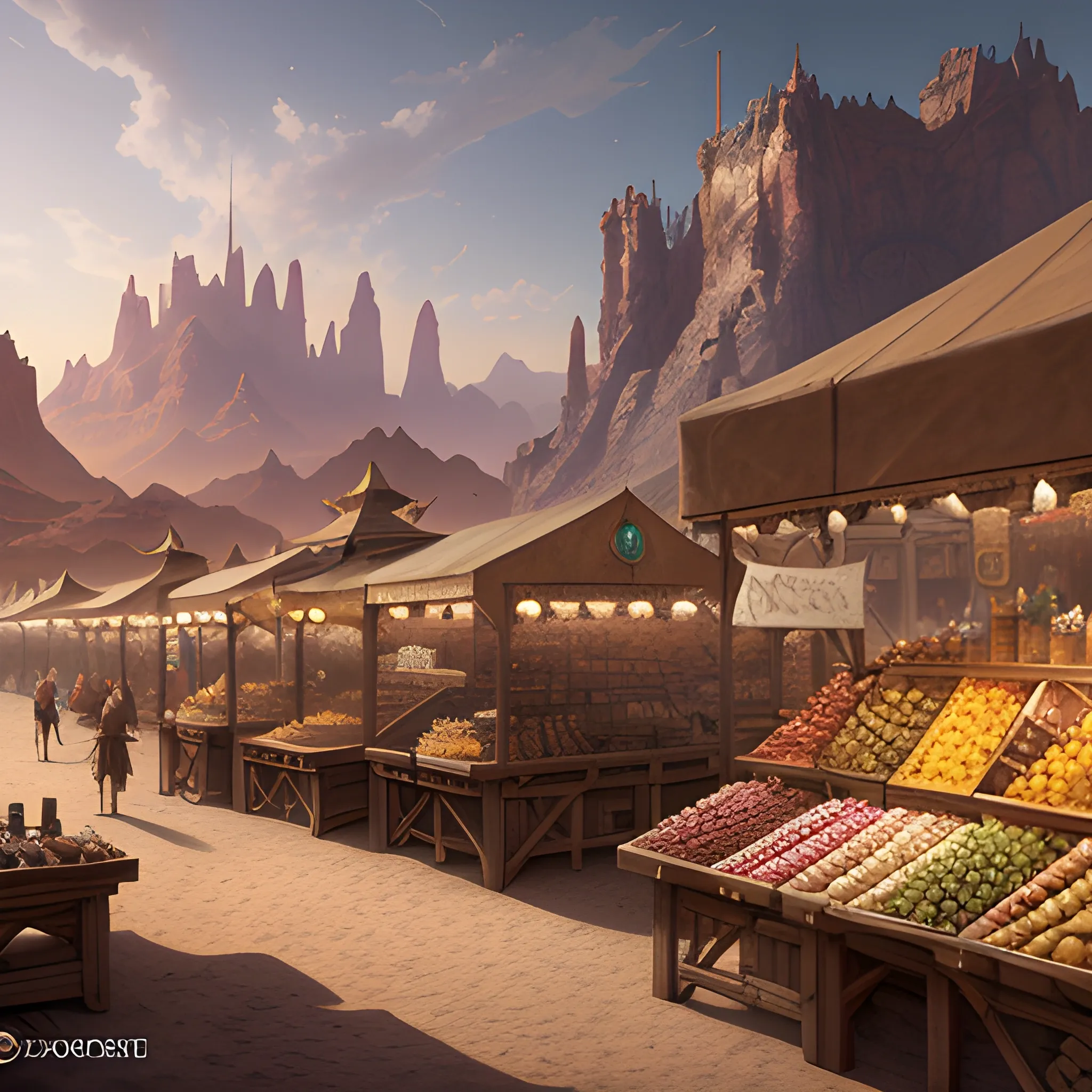 marketplace, stalls with products, desert, high fantasy, high resolution, desert, high quality, photorealistic, hyperealistic, detailed, detailed matte painting, deep color, fantastical, intricate detail, splash screen, complementary colors, fantasy concept art, 8k resolution trending on Artstation Unreal Engine 5