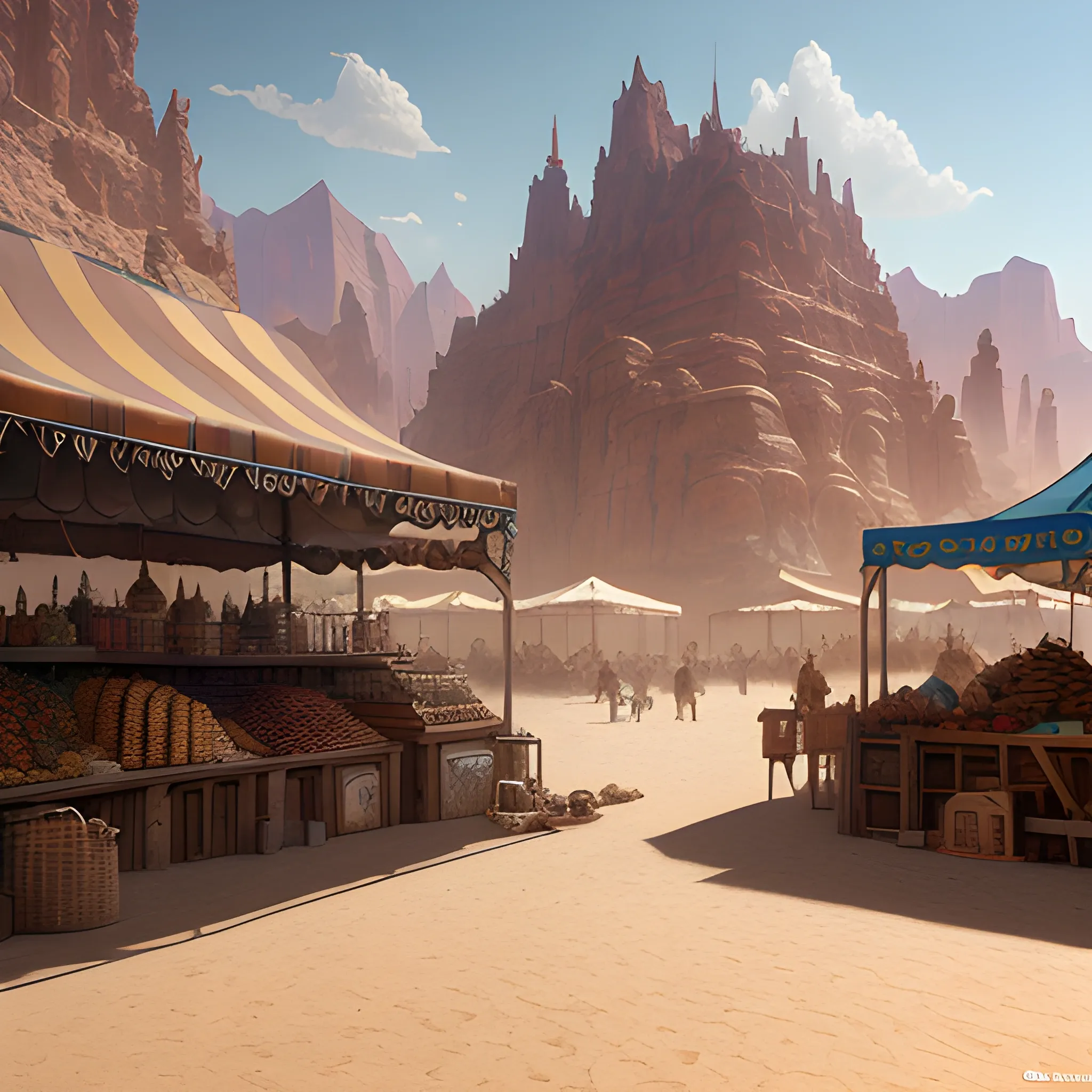 marketplace, stalls with products, desert, high fantasy, high resolution, desert, high quality, photorealistic, hyperealistic, detailed, detailed matte painting, deep color, fantastical, intricate detail, splash screen, complementary colors, fantasy concept art, 8k resolution trending on Artstation Unreal Engine 5