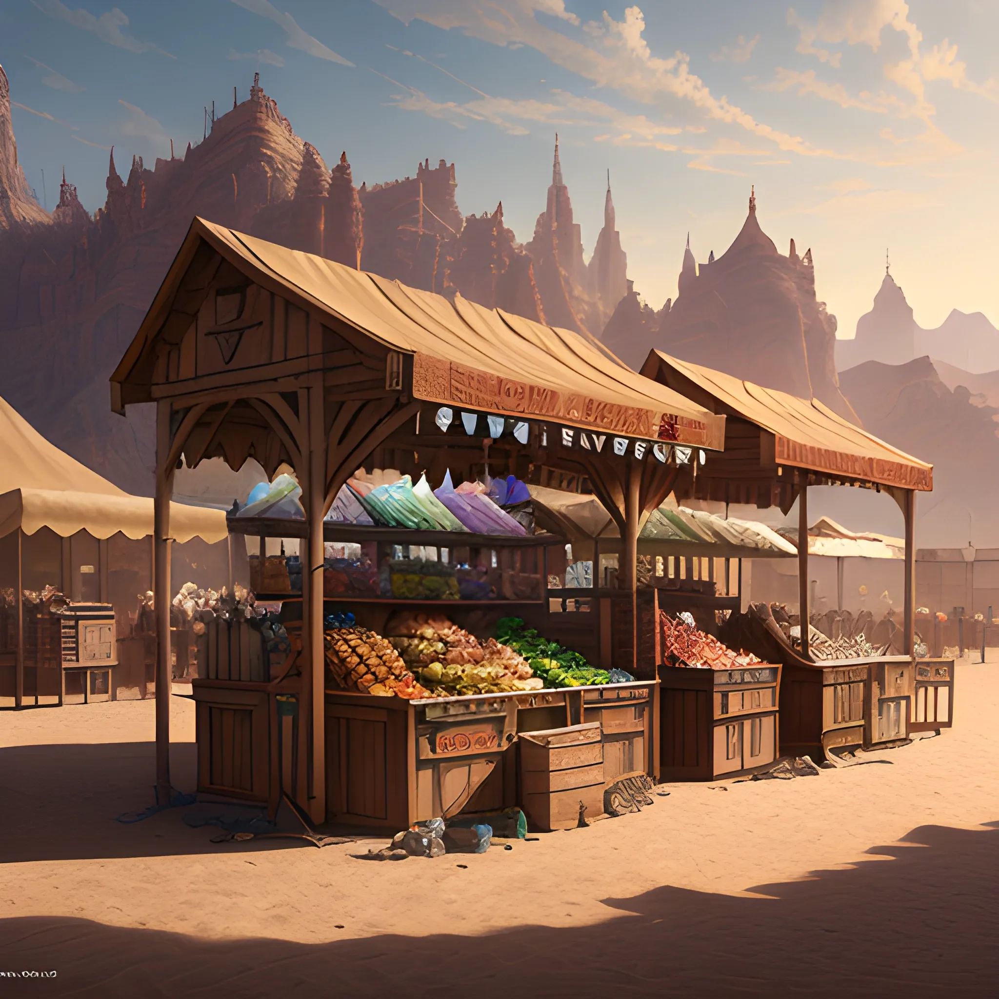 marketplace, stalls with products, desert, high fantasy, high resolution, desert, high quality, photorealistic, hyperealistic, detailed, detailed matte painting, deep color, fantastical, intricate detail, splash screen, complementary colors, fantasy concept art, 8k resolution trending on Artstation Unreal Engine 5