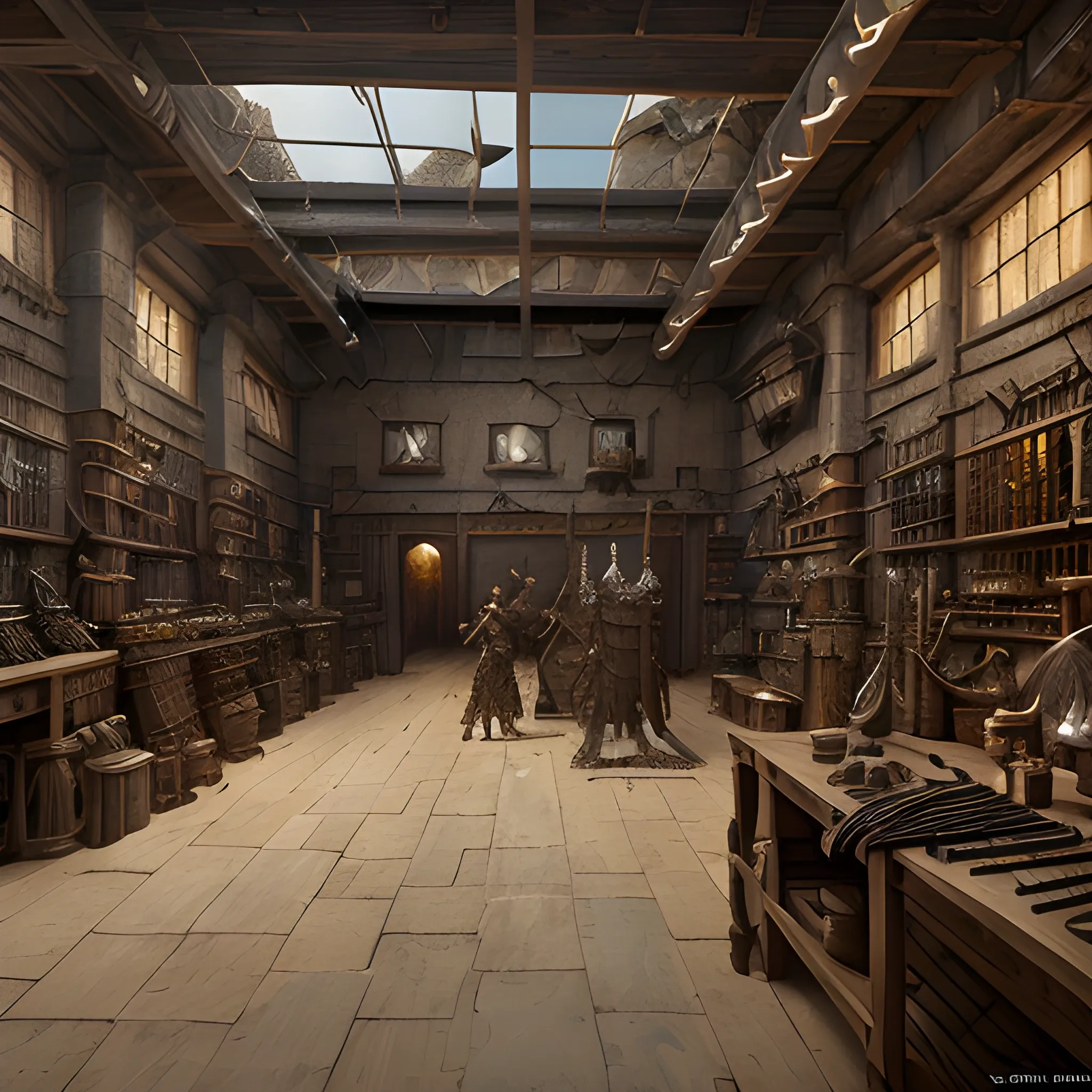 armor shop, weapon shop, shop with weapons and armor, swords, polearms, spears, high fantasy, high resolution, desert, high quality, photorealistic, hyperealistic, detailed, detailed matte painting, deep color, fantastical, intricate detail, splash screen, complementary colors, fantasy concept art, 8k resolution trending on Artstation Unreal Engine 5