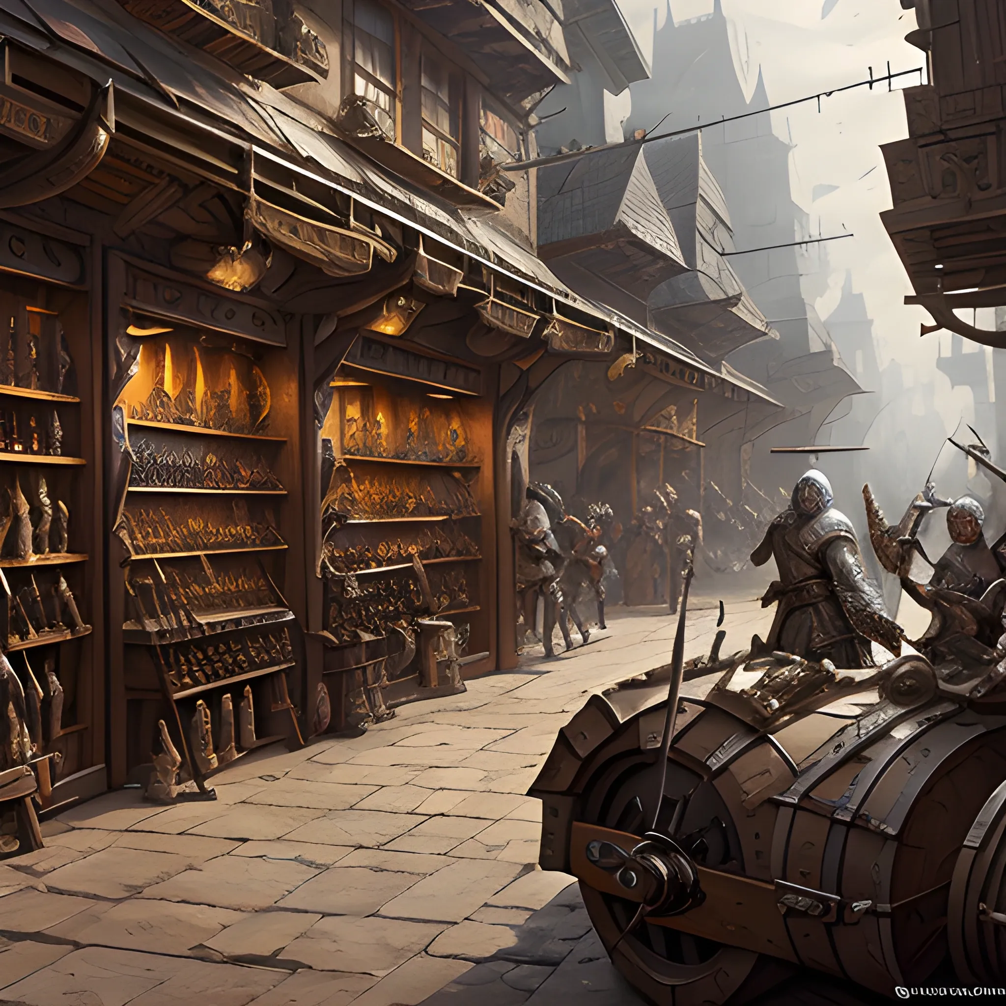 weapon shop, shop with weapons and armor, swords, polearms, spears, high resolution, high quality, photorealistic, hyperealistic, detailed, detailed matte painting, deep color, fantastical, intricate detail, splash screen, complementary colors, fantasy concept art, 8k resolution trending on Artstation Unreal Engine 5