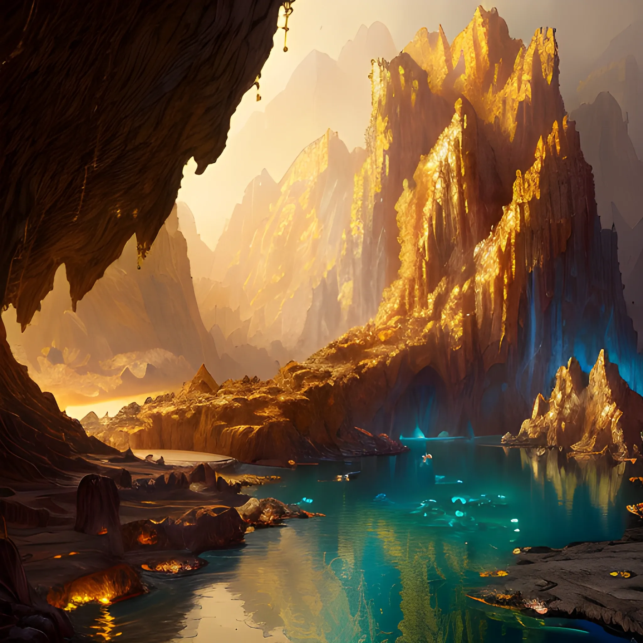 gold cave, gold mine, cave, mine, gold, high resolution, high quality, photorealistic, hyperealistic, detailed, detailed matte painting, deep color, fantastical, intricate detail, splash screen, complementary colors, fantasy concept art, 8k resolution trending on Artstation Unreal Engine 5