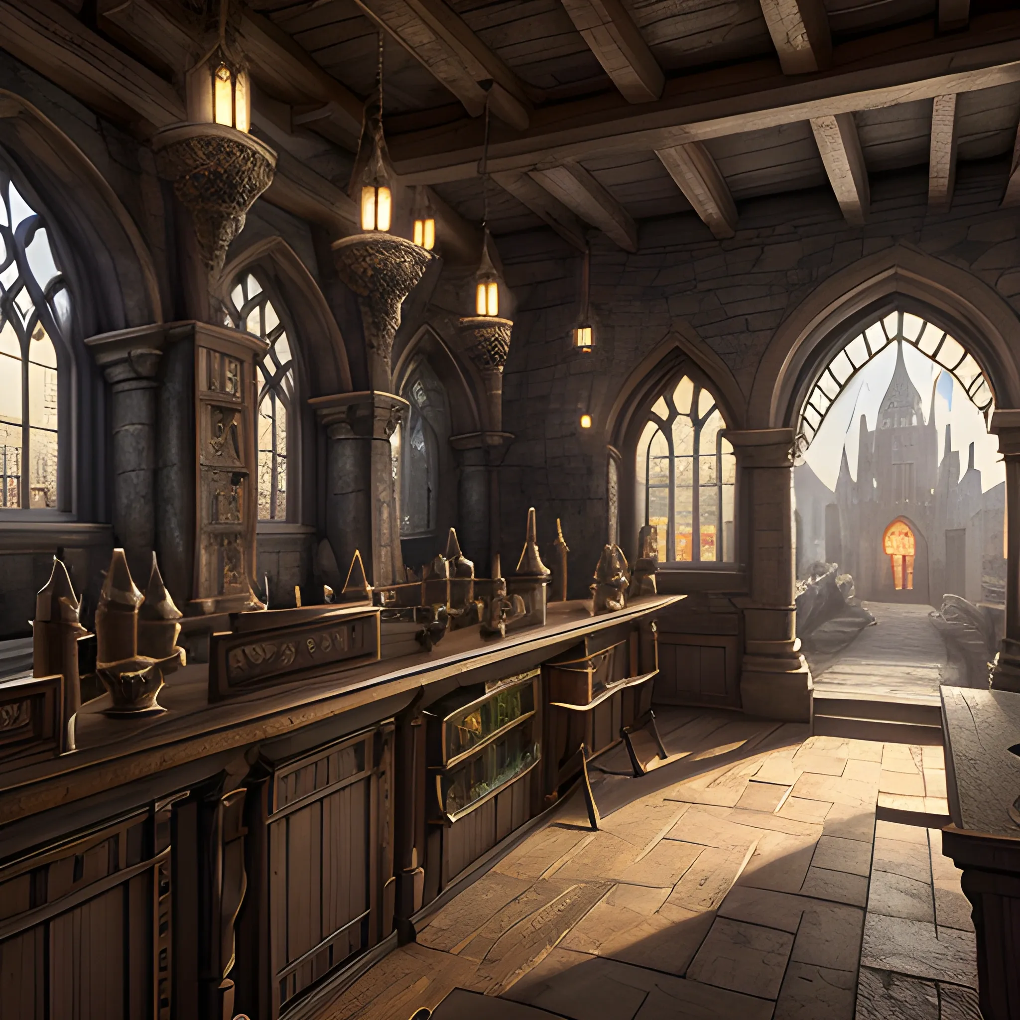 Medieval bank, view from inside, high fantasy, high resolution, high quality, photorealistic, hyperealistic, detailed, detailed matte painting, deep color, fantastical, intricate detail, splash screen, complementary colors, fantasy concept art, 8k resolution trending on Artstation Unreal Engine 5