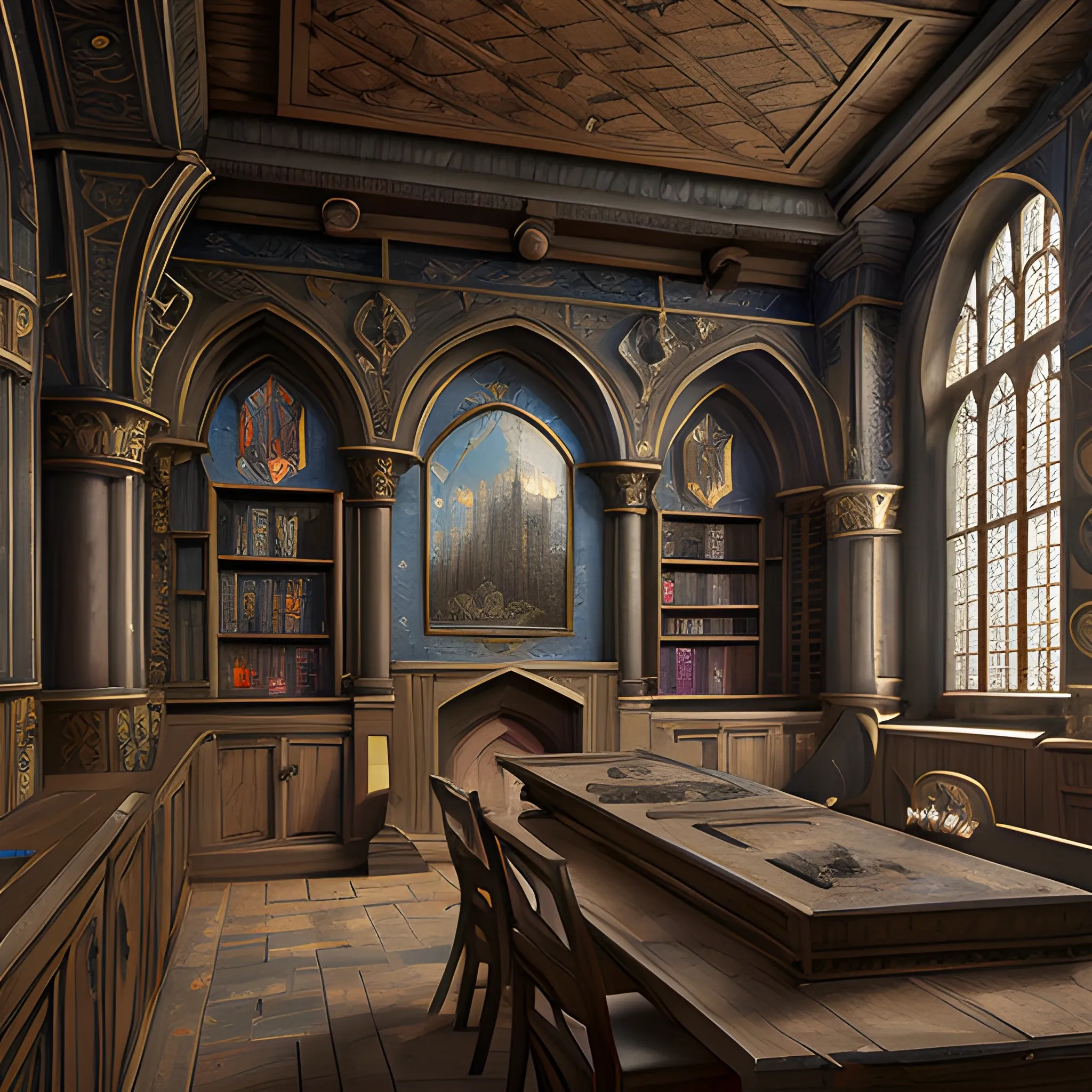 Medieval bank, view from inside, high fantasy, high resolution, high quality, photorealistic, hyperealistic, detailed, detailed matte painting, deep color, fantastical, intricate detail, splash screen, complementary colors, fantasy concept art, 8k resolution trending on Artstation Unreal Engine 5