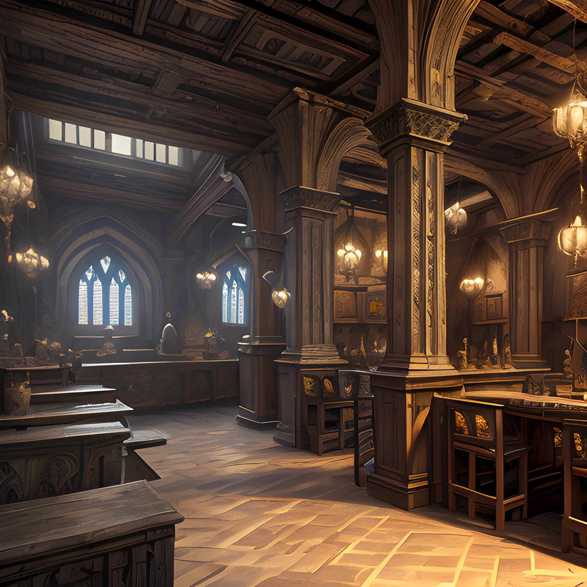 Medieval bank, view from inside, high fantasy, high resolution, high quality, photorealistic, hyperealistic, detailed, detailed matte painting, deep color, fantastical, intricate detail, splash screen, complementary colors, fantasy concept art, 8k resolution trending on Artstation Unreal Engine 5