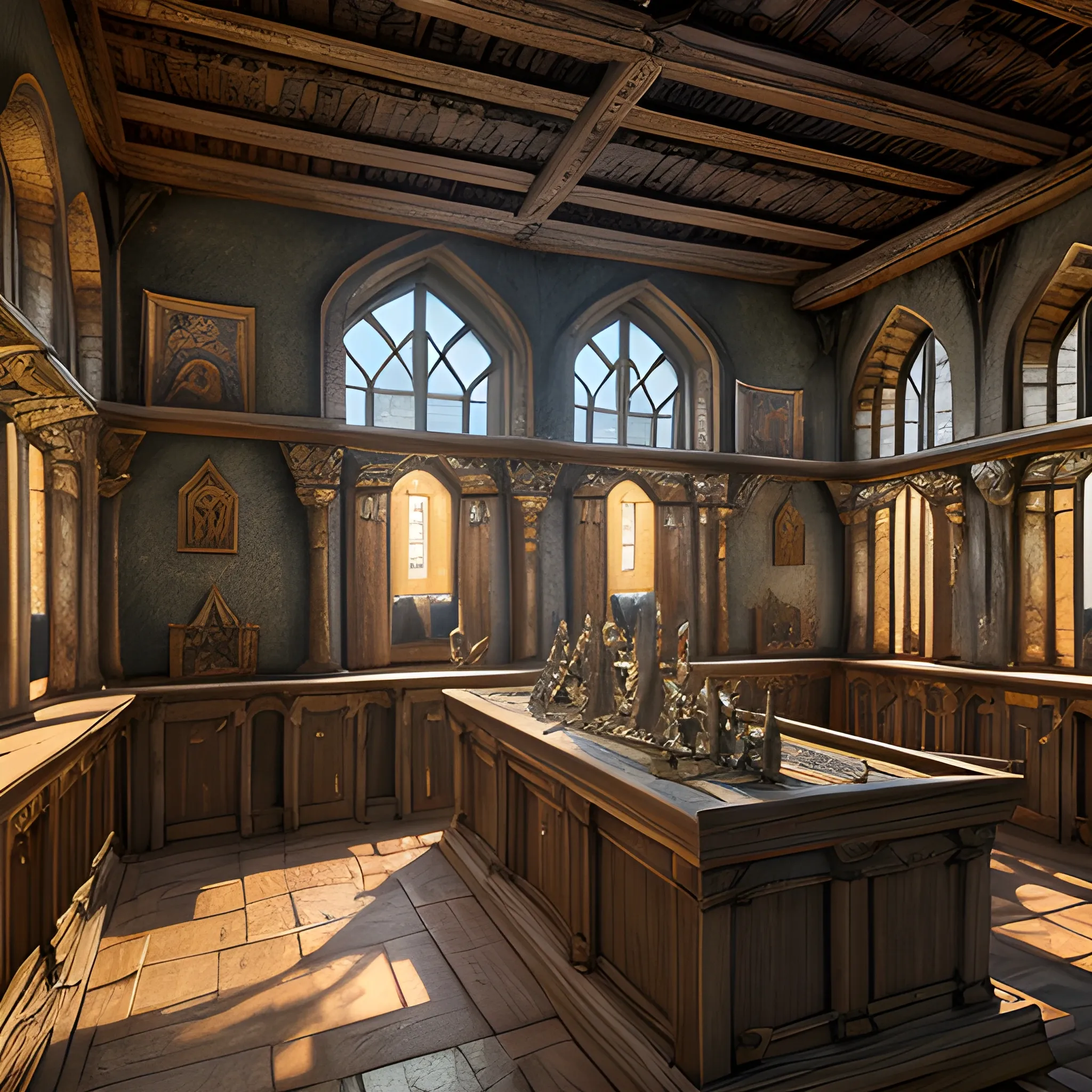 trophea, Medieval bank, view from inside, high fantasy, high resolution, high quality, photorealistic, hyperealistic, detailed, detailed matte painting, deep color, fantastical, intricate detail, splash screen, complementary colors, fantasy concept art, 8k resolution trending on Artstation Unreal Engine 5