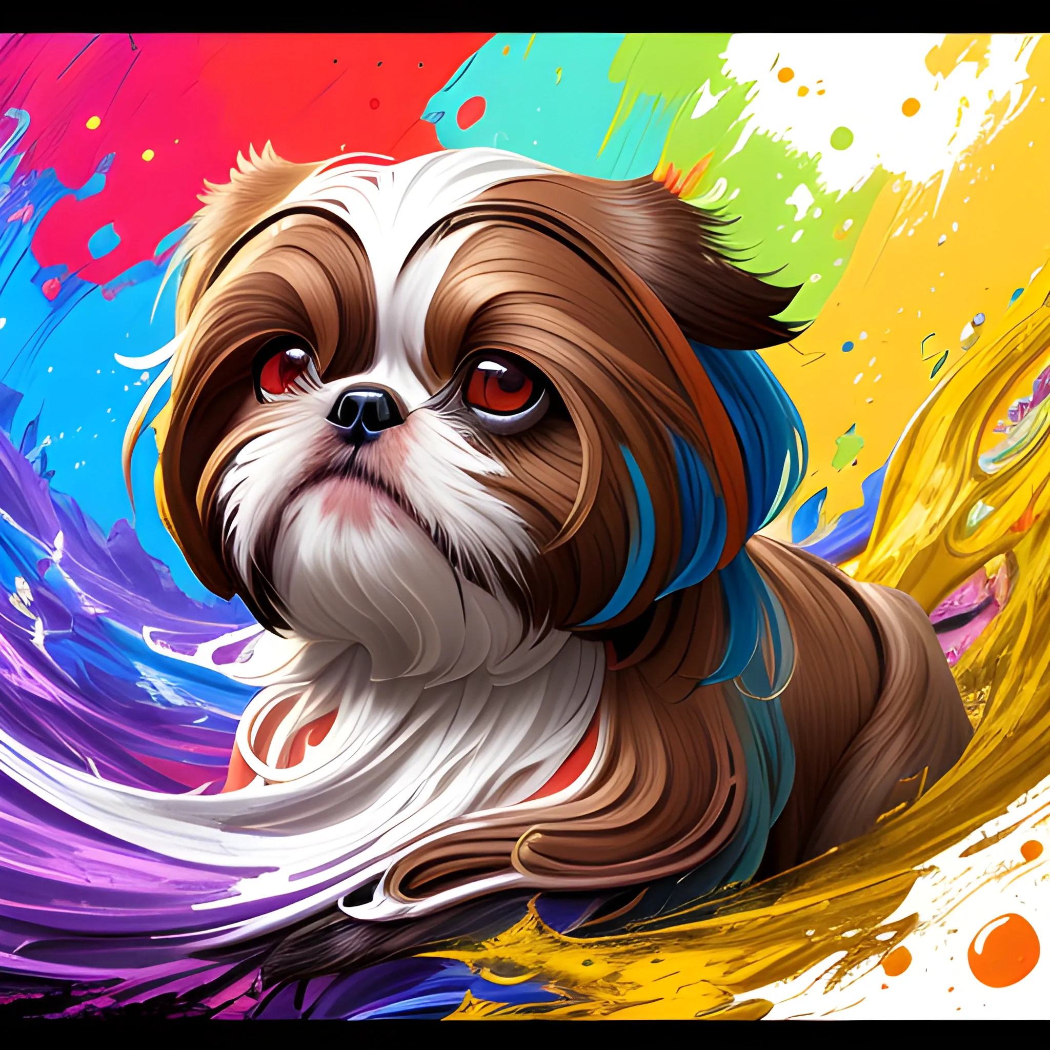 splash art, a brown liquid shihtzu with long hair, splash style of colourful paint, hyperdetailed intricately detailed, fantastical, intricate detail, splash screen, complementary colours, fantasy, concept art, 8k resolution