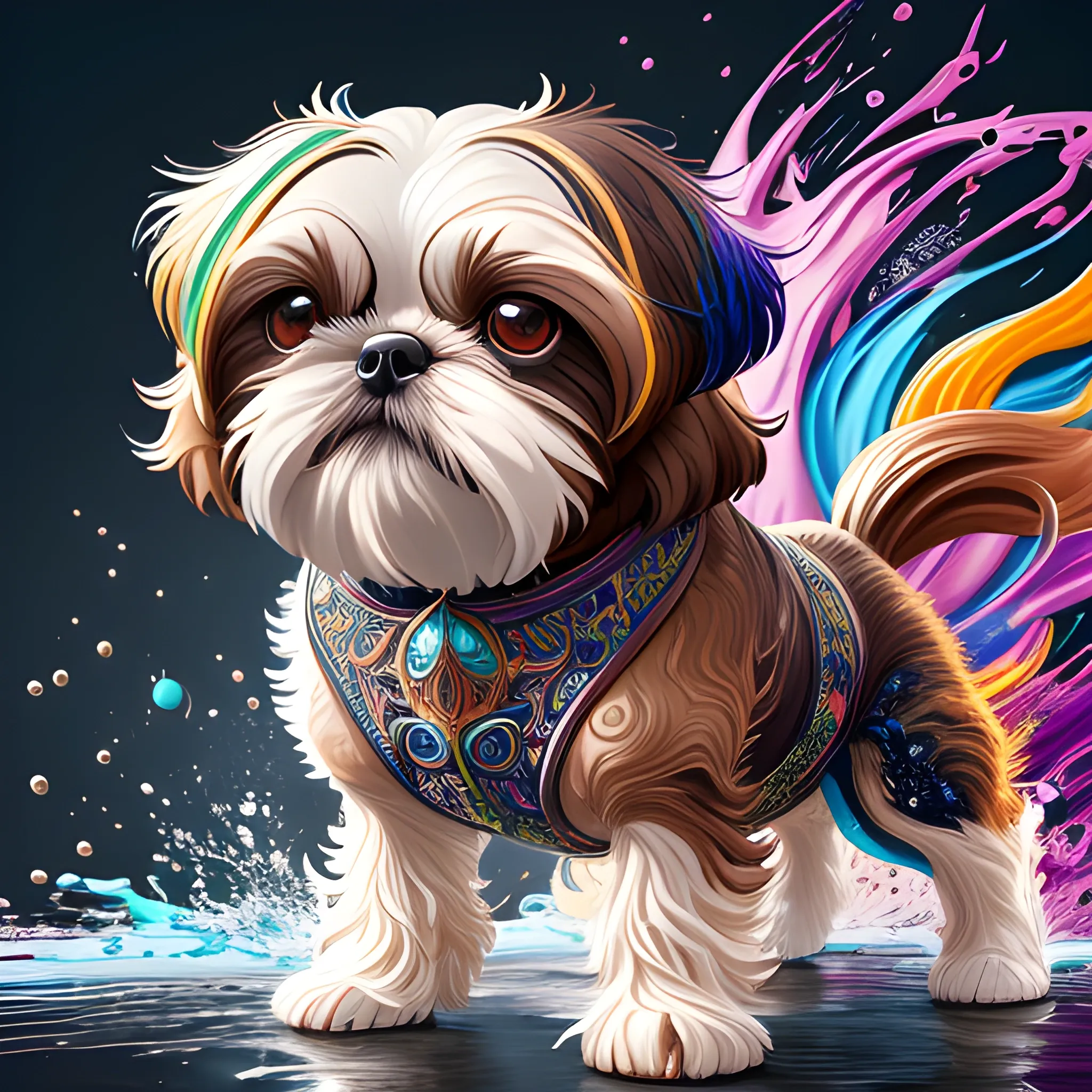 splash art, a brown liquid shihtzu with long hair, splash style of colourful paint, hyperdetailed intricately detailed, fantastical, intricate detail, splash screen, complementary colours, fantasy, concept art, 8k resolution