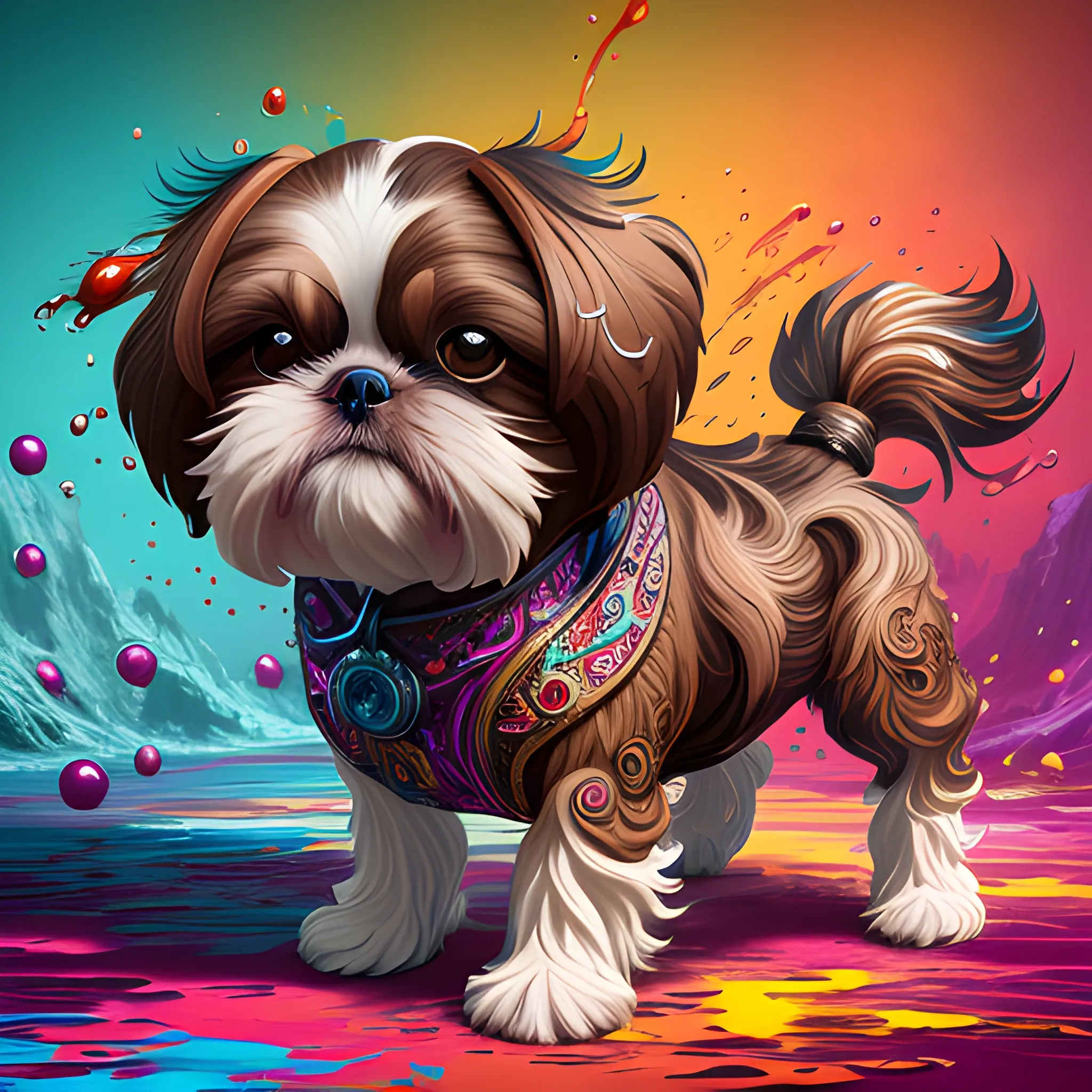 splash art, a brown liquid shihtzu with long hair, splash style of colourful paint, hyperdetailed intricately detailed, fantastical, intricate detail, splash screen, complementary colours, fantasy, concept art, 8k resolution