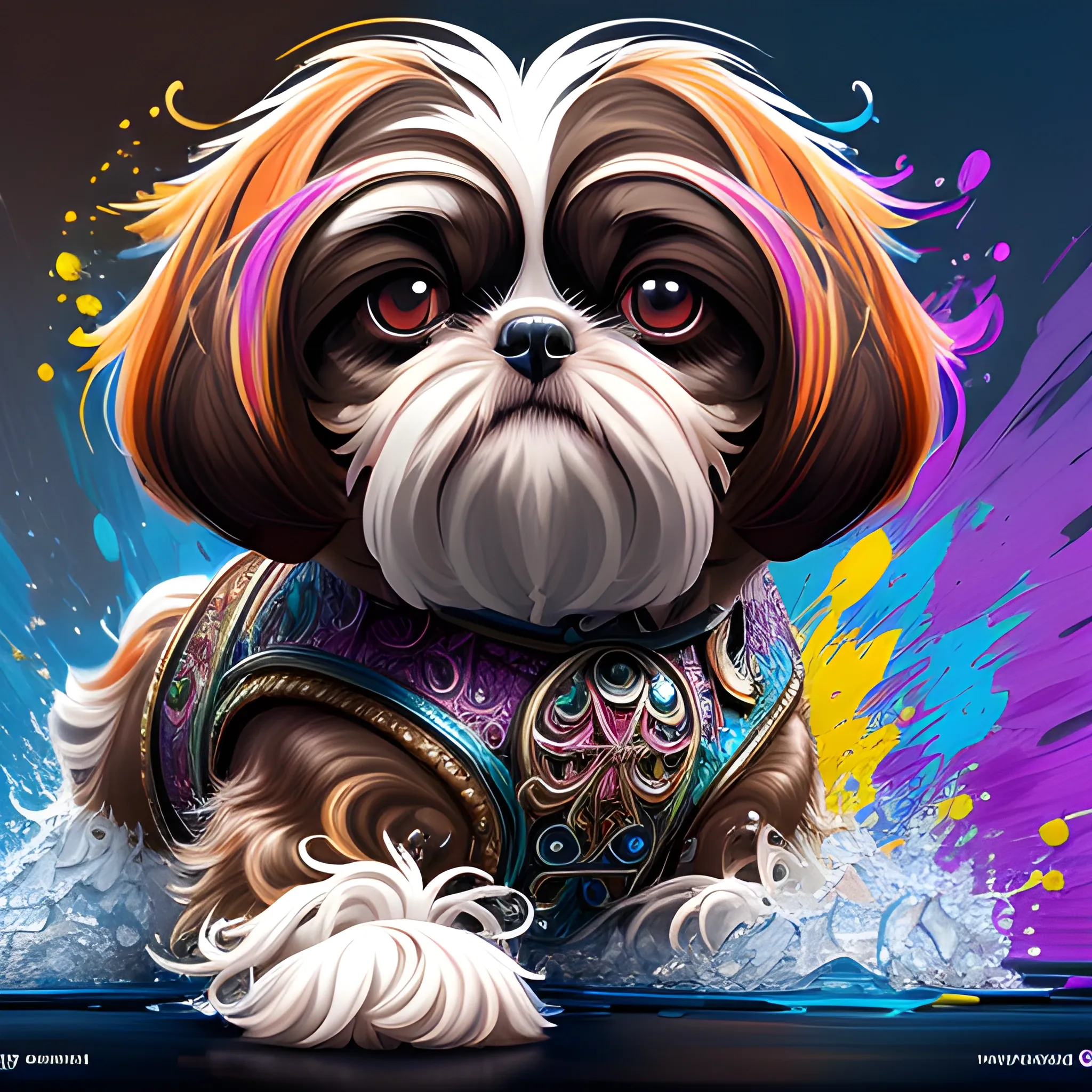 splash art, a brown liquid shihtzu with long hair, splash style of colourful paint, hyperdetailed intricately detailed, fantastical, intricate detail, splash screen, complementary colours, fantasy, concept art, 8k resolution