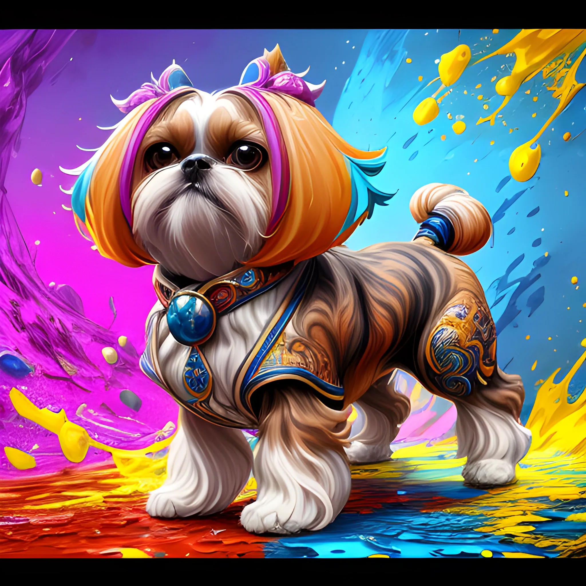 splash art, caramel shihtzu with long hair, splash style of colourful paint, hyperdetailed intricately detailed, fantastical, intricate detail, splash screen, complementary colours, fantasy, concept art, 8k resolution