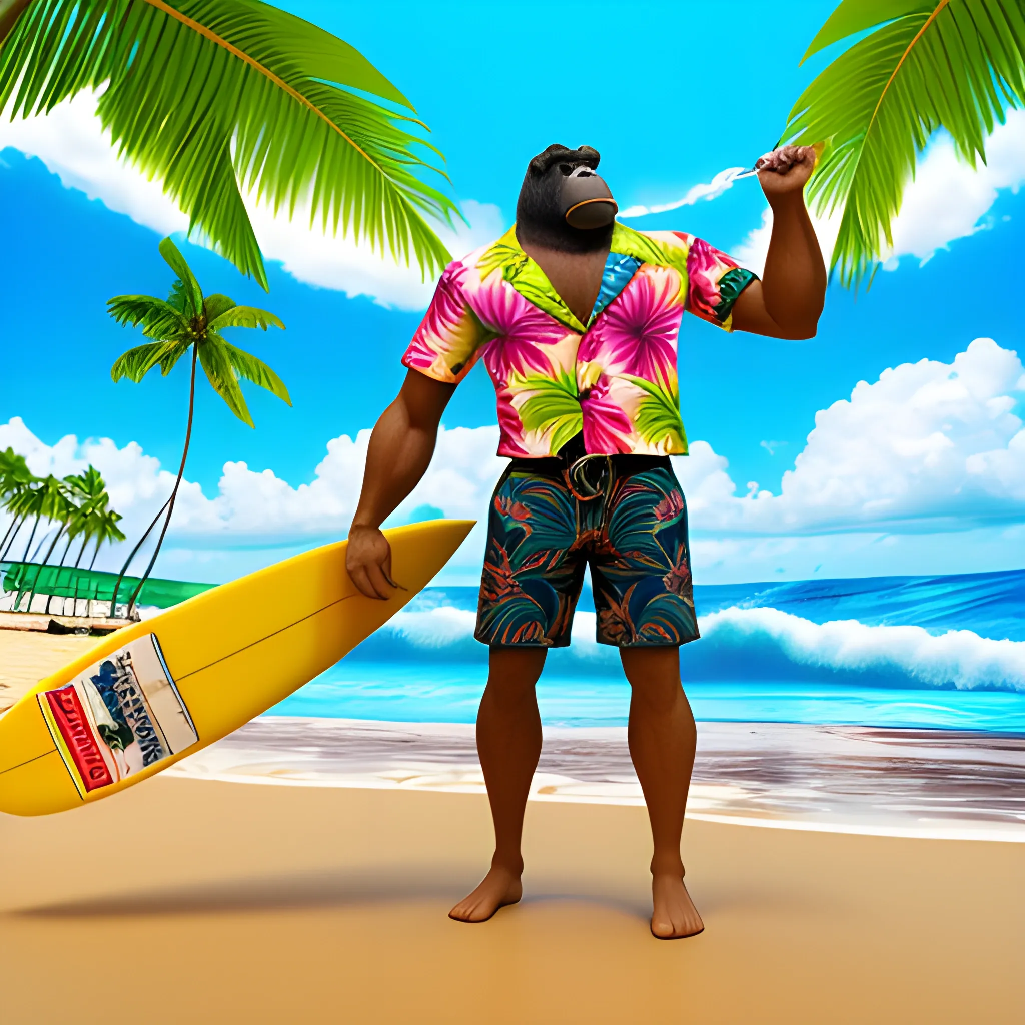 surfing male gorilla with hawaiian colorful shirt, big wave, full body, surfer gorilla, shorts, wave, smoking cigar, surfing on surfboard, big wave, hawaii shirt, cigar, highly detailed, photographic, sunny island background, palms, sand beach, 3D