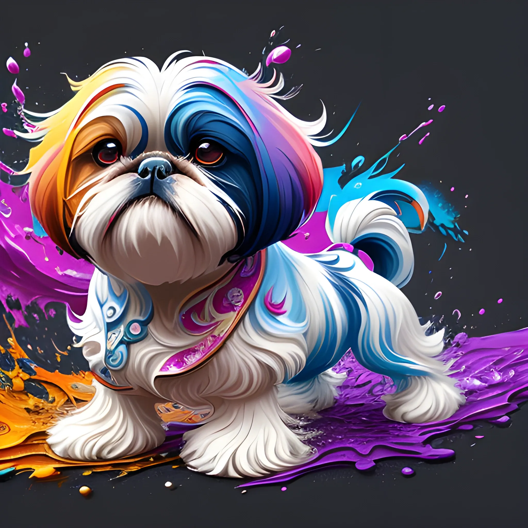 splash art, liquid shihtzu with long hair, splash style of colourful paint, hyperdetailed intricately detailed, fantastical, intricate detail, splash screen, complementary colours, fantasy, concept art, 8k resolution