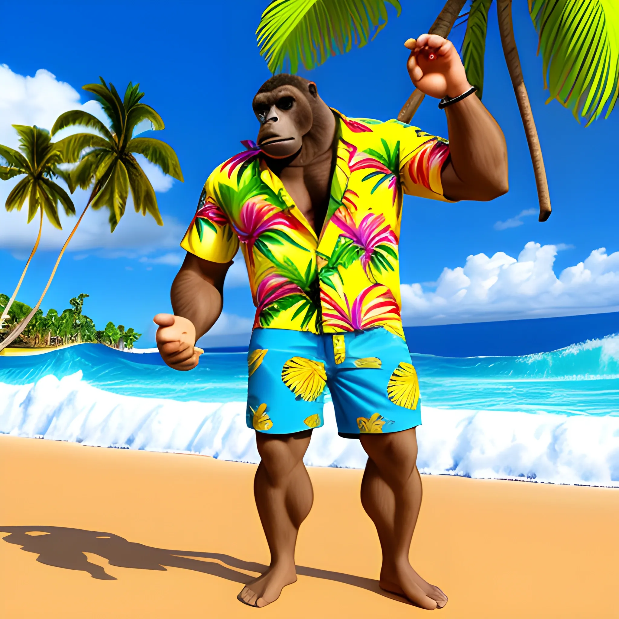 surfing male gorilla with hawaiian colorful shirt, big wave, full body, surfer gorilla, shorts, wave, smoking cigar, surfing on surfboard, big wave, hawaii shirt, cigar, highly detailed, photographic, sunny island background, palms, sand beach, 3D, Cartoon